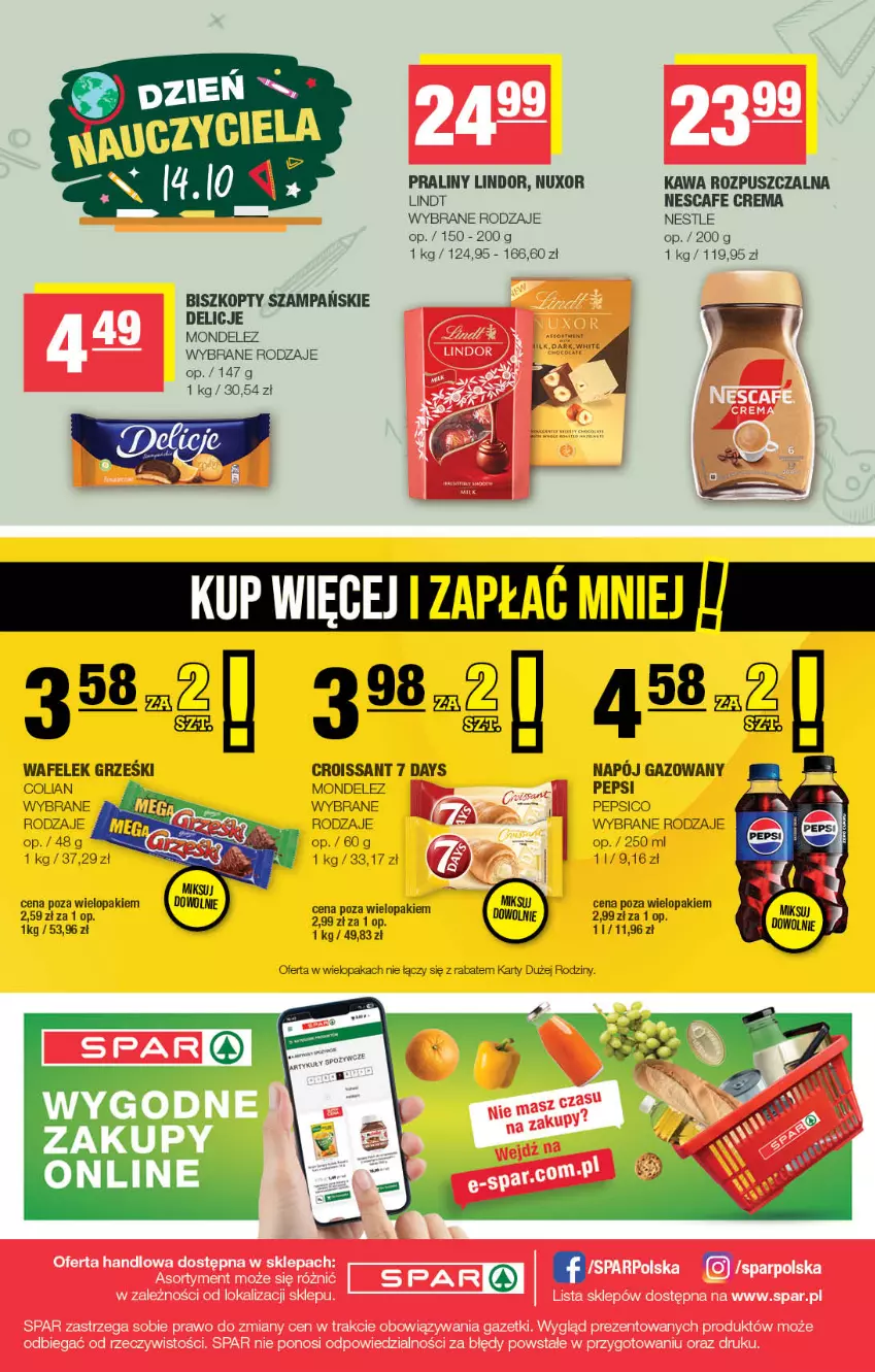 Gazetka promocyjna Spar - Spar - ważna 07.10 do 18.10.2026 - strona 8 - produkty: 7 Days, Biszkopty, Croissant, Delicje, Grześki, Kawa, Kawa rozpuszczalna, Lindor, Lindt, Napój, Napój gazowany, Pepsi, Praliny, Wafelek