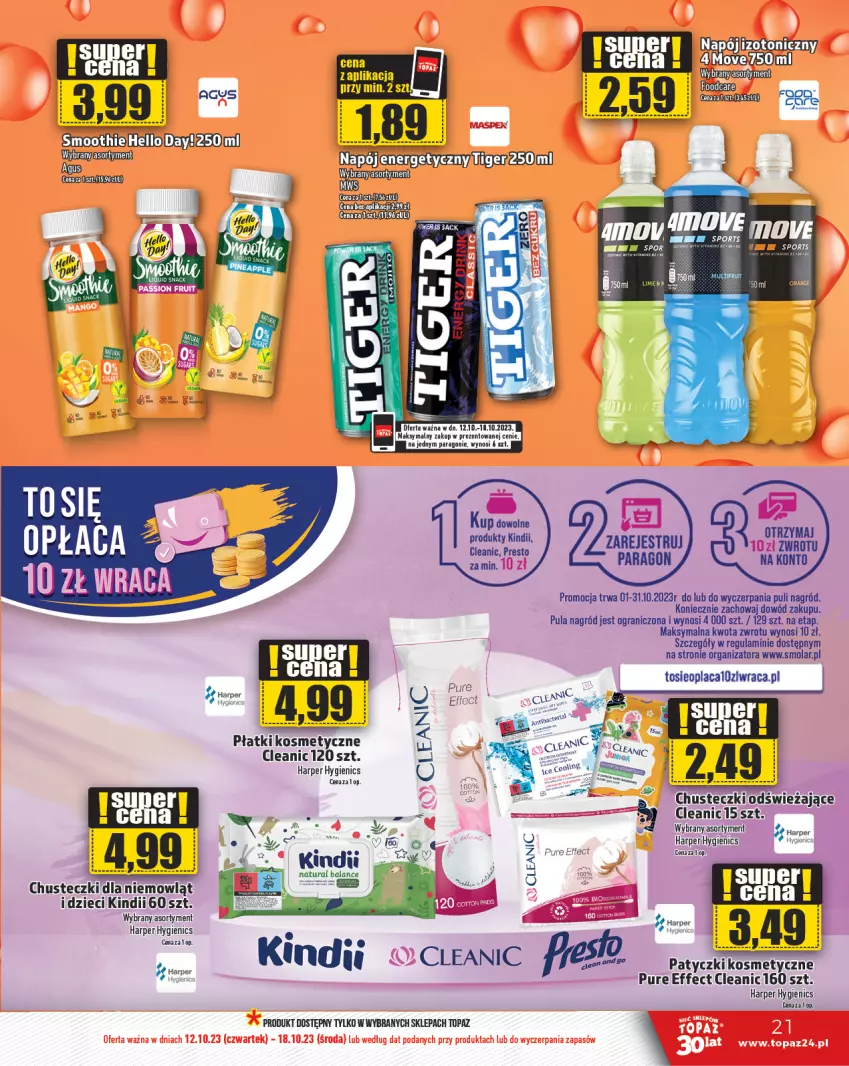 Gazetka promocyjna Topaz - Gazetka - ważna 12.10 do 18.10.2023 - strona 21 - produkty: Chusteczki, Cleanic, Dzieci, Gra, Kindii, Mola, Por, Pur, Top