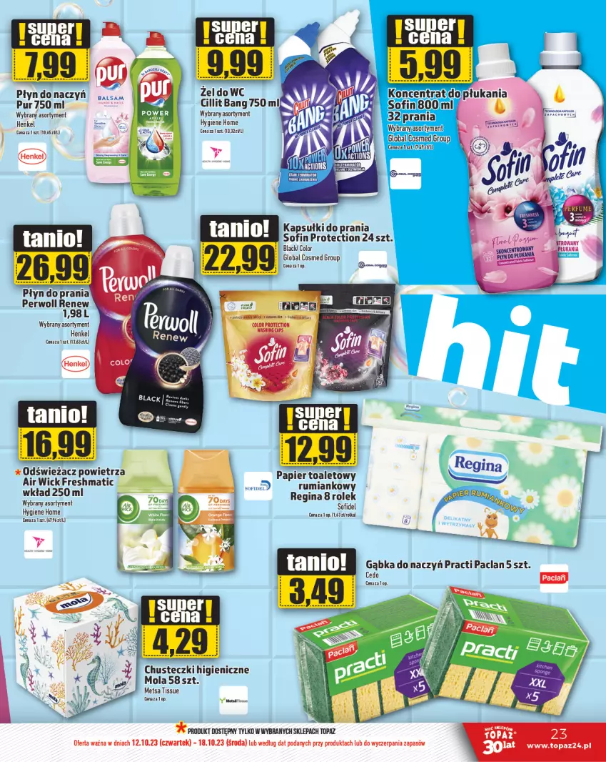 Gazetka promocyjna Topaz - Gazetka - ważna 12.10 do 18.10.2023 - strona 23 - produkty: Air Wick, Asus, Chusteczki, Cillit Bang, Gin, Kapsułki do prania, Lack, Mola, Odświeżacz powietrza, Papier, Perwoll, Płyn do prania, Pur, Top