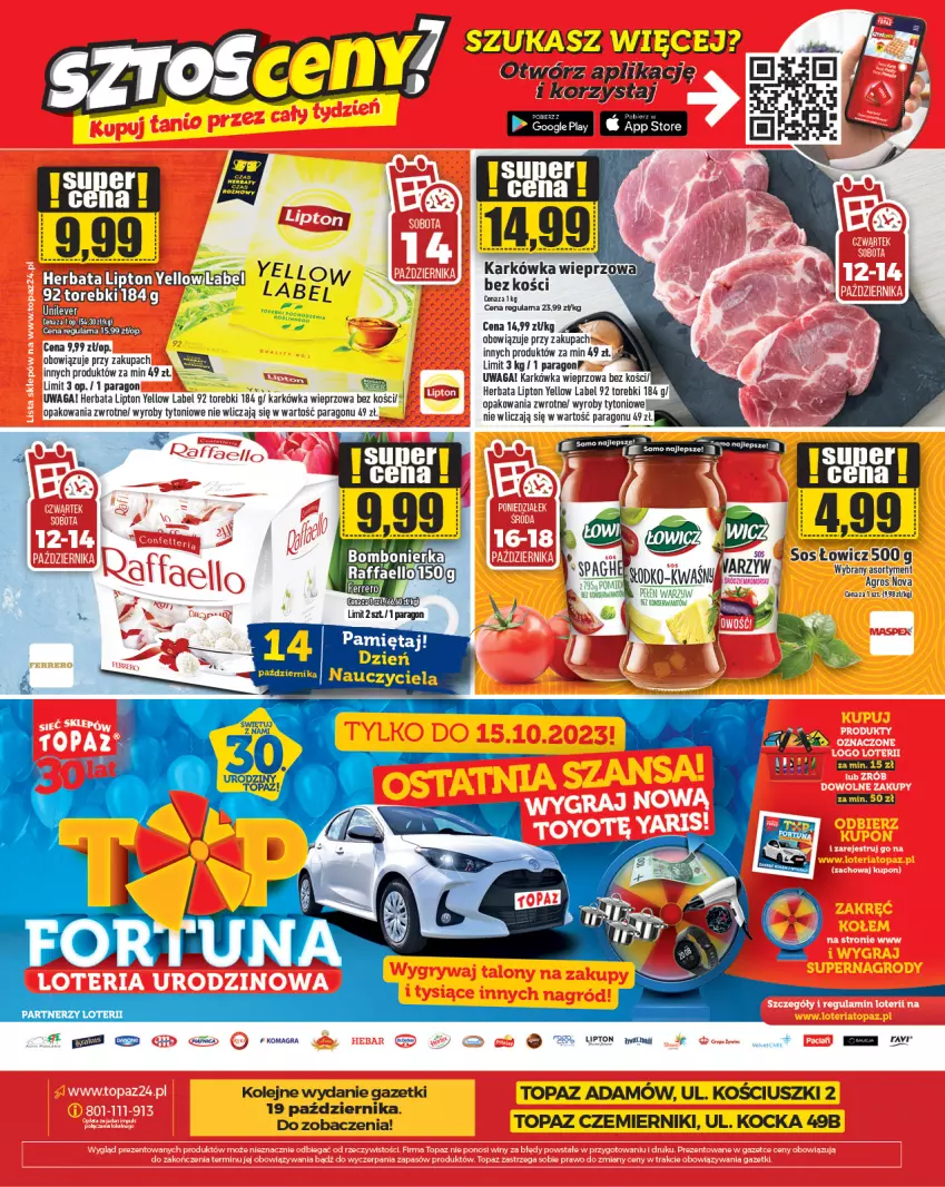 Gazetka promocyjna Topaz - Gazetka - ważna 12.10 do 18.10.2023 - strona 28 - produkty: Ferrero, Gra, Herbata, Karkówka wieprzowa, Koc, Lipton, Olej, Ser, Sos, Top, Waga