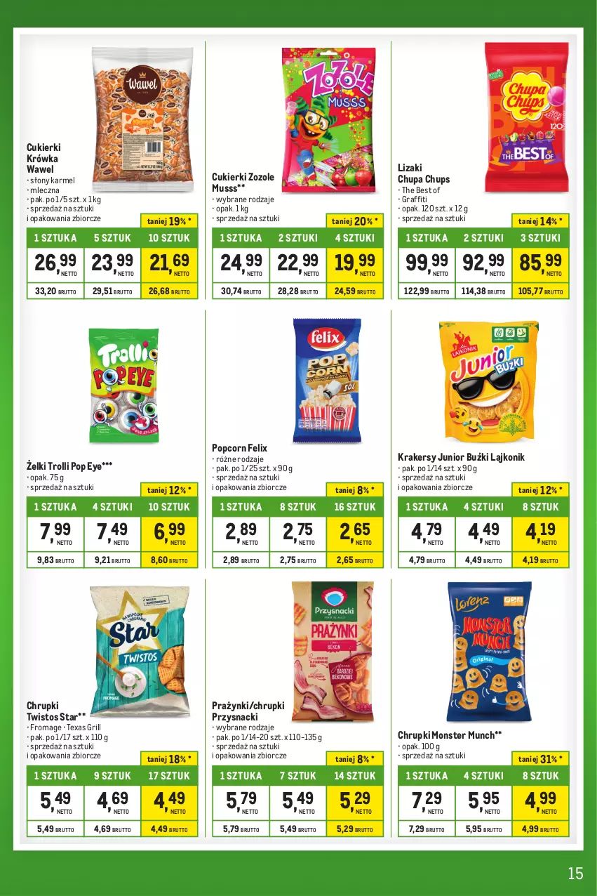 Gazetka promocyjna Makro - Kupujesz więcej płacisz mniej - oferta z alkoholem - ważna 01.10 do 31.10.2023 - strona 15 - produkty: Chrupki, Chupa Chups, Cukier, Cukierki, Felix, Gra, Grill, Krakersy, Lajkonik, Lizaki, Monster Munch, Mus, Popcorn, Przysnacki, Wawel