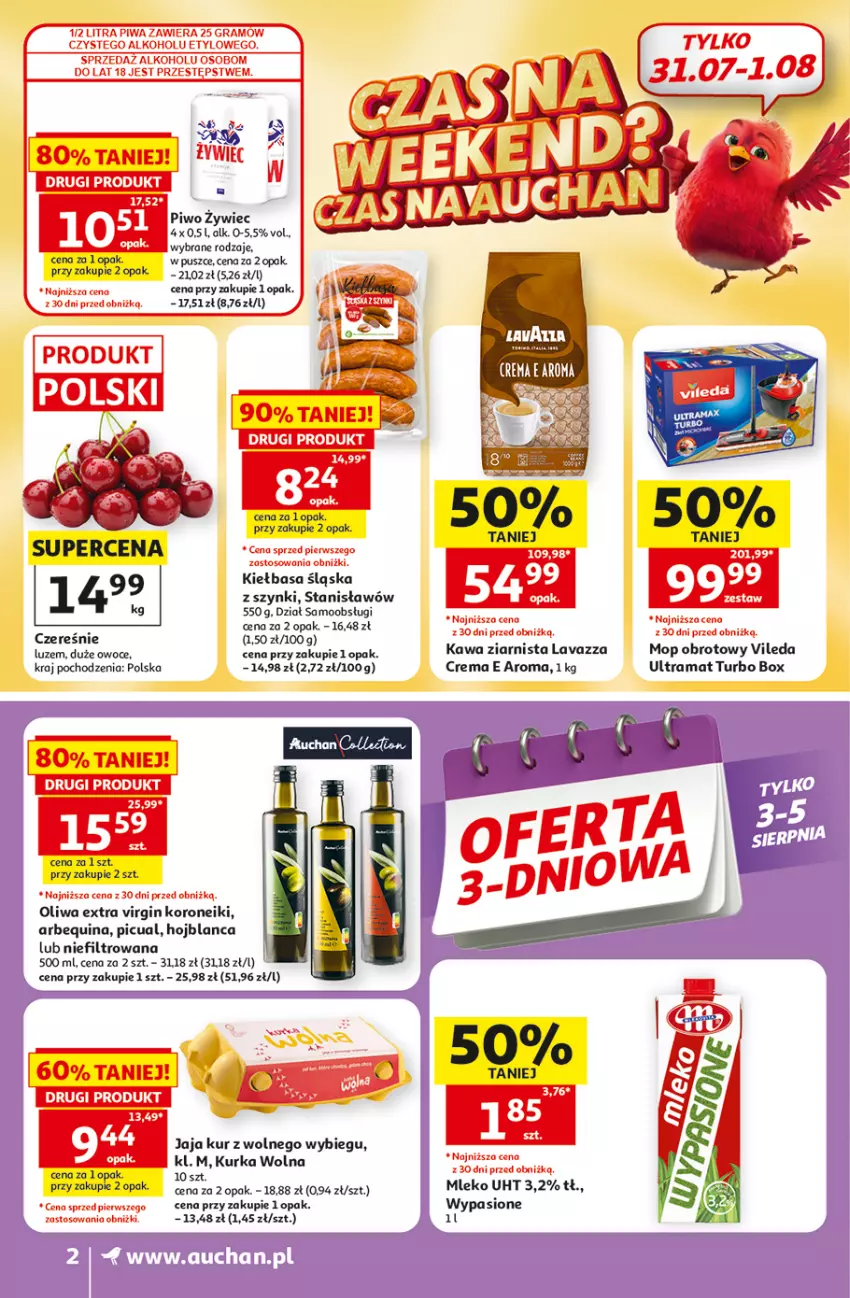 Gazetka promocyjna Auchan - 30 Lat Supermarket - ważna 30.07 do 05.08.2026 - strona 2 - produkty: Gin, Jaja, JBL, Kawa, Kawa ziarnista, Kiełbasa, Lavazza, Mleko, Mop, Oliwa, Owoce, Piwo, Rama, Vileda