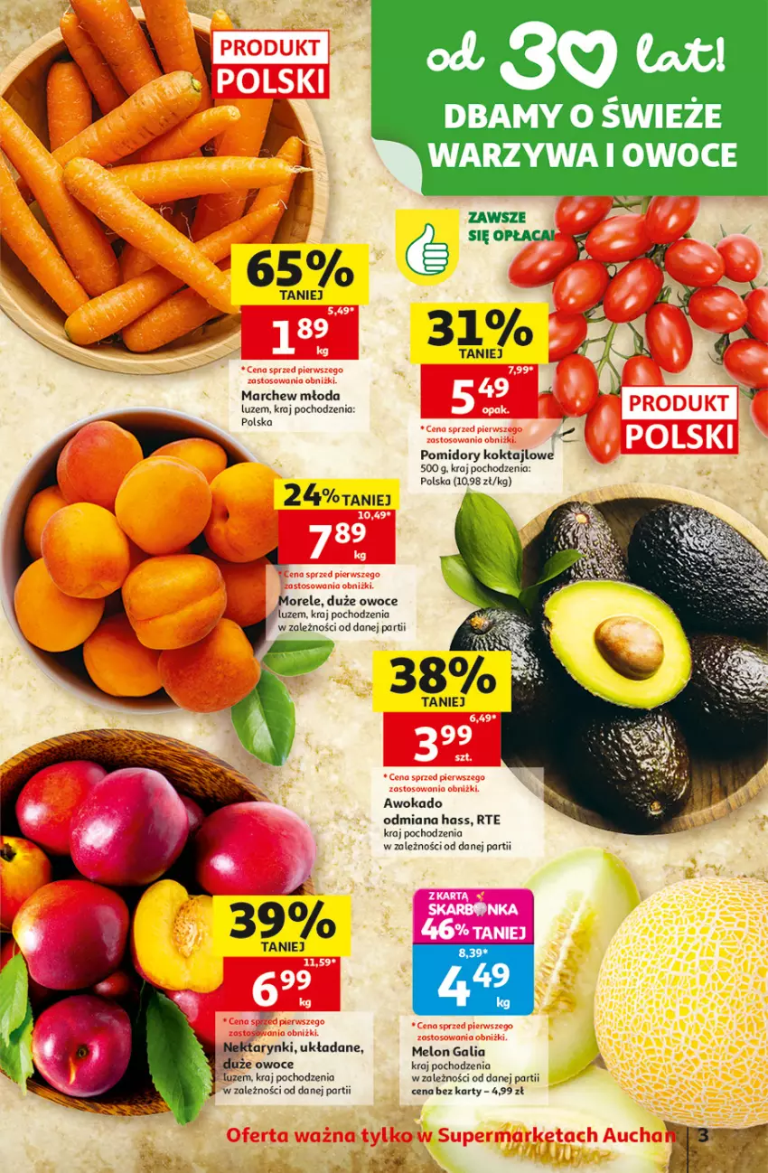 Gazetka promocyjna Auchan - 30 Lat Supermarket - ważna 30.07 do 05.08.2026 - strona 3 - produkty: Melon, Owoce, Pomidory, Warzywa, Warzywa i owoce