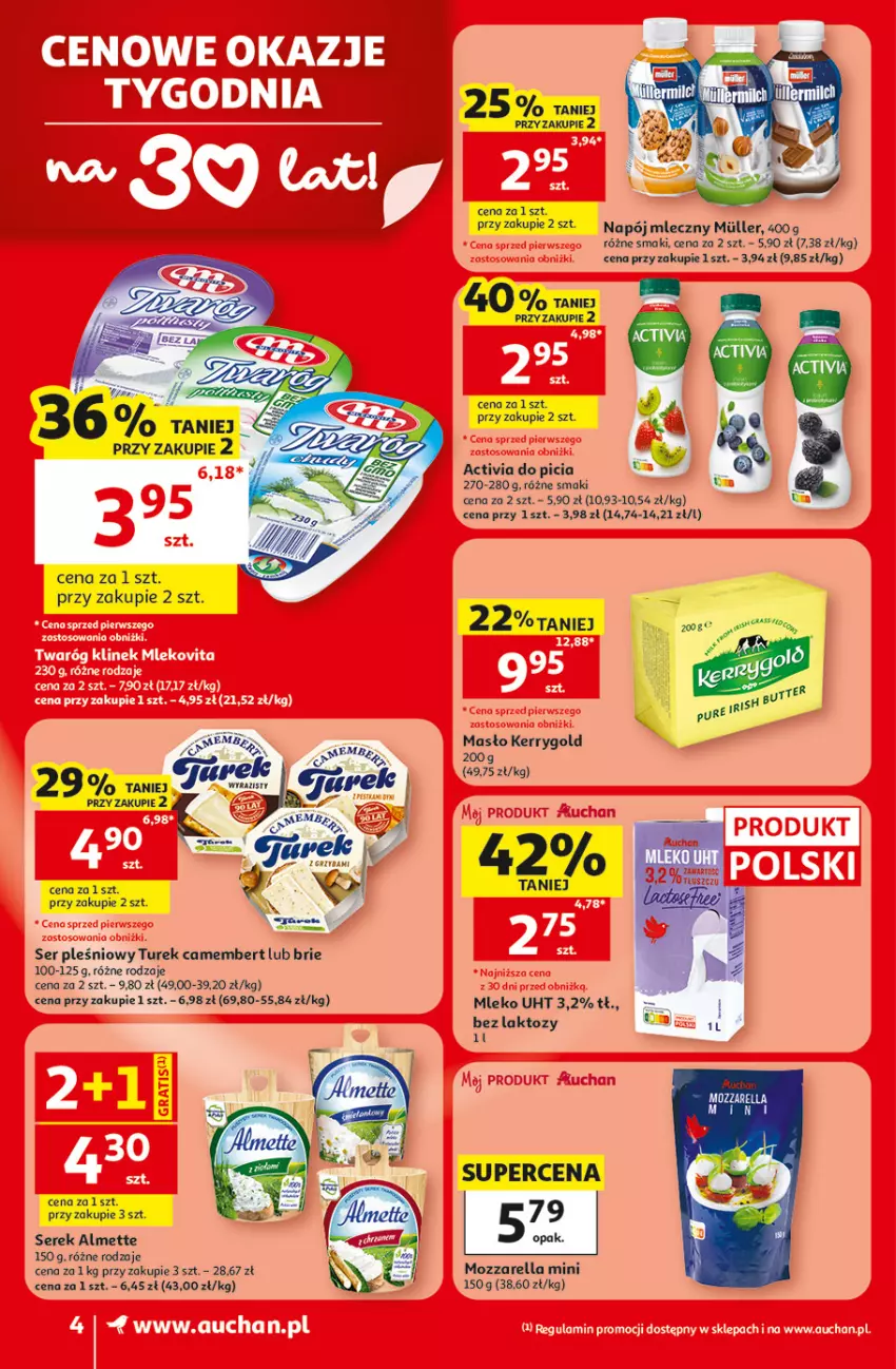 Gazetka promocyjna Auchan - 30 Lat Supermarket - ważna 30.07 do 05.08.2026 - strona 4 - produkty: Activia, Almette, Brie, Camembert, Masło, Mleko, Mozzarella, Napój, Napój mleczny, Ser, Ser pleśniowy, Serek