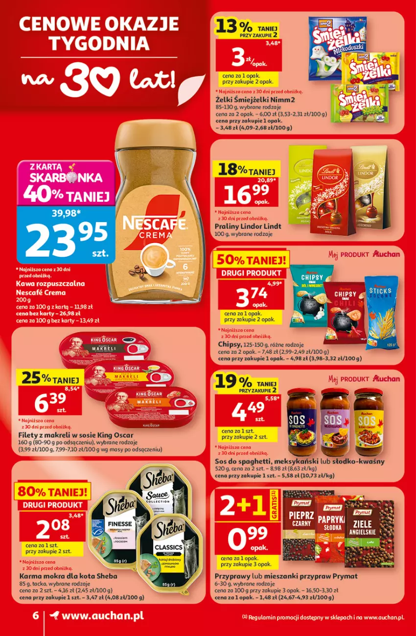 Gazetka promocyjna Auchan - 30 Lat Supermarket - ważna 30.07 do 05.08.2026 - strona 6 - produkty: Chipsy, Lindor, Lindt, Nimm2, Praliny, Prymat, Przyprawy, Sheba, Sos, Spaghetti