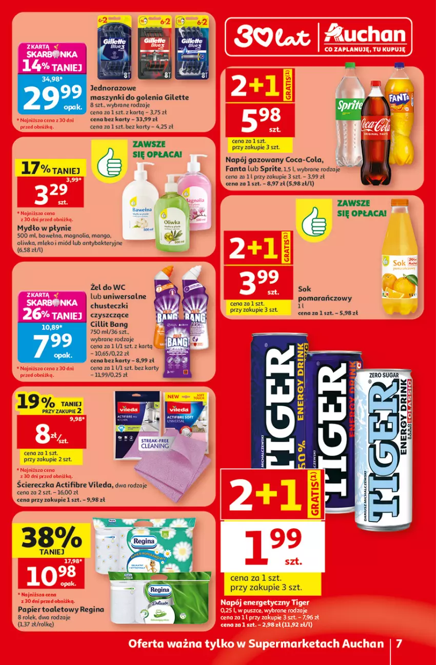 Gazetka promocyjna Auchan - 30 Lat Supermarket - ważna 30.07 do 05.08.2026 - strona 7 - produkty: Chusteczki, Cillit Bang, Coca-Cola, Fa, Fanta, Gin, Mango, Miód, Mleko, Mydło, Mydło w płynie, Napój, Napój gazowany, Papier, Papier toaletowy, Sok, Sprite, Vileda, Wełna