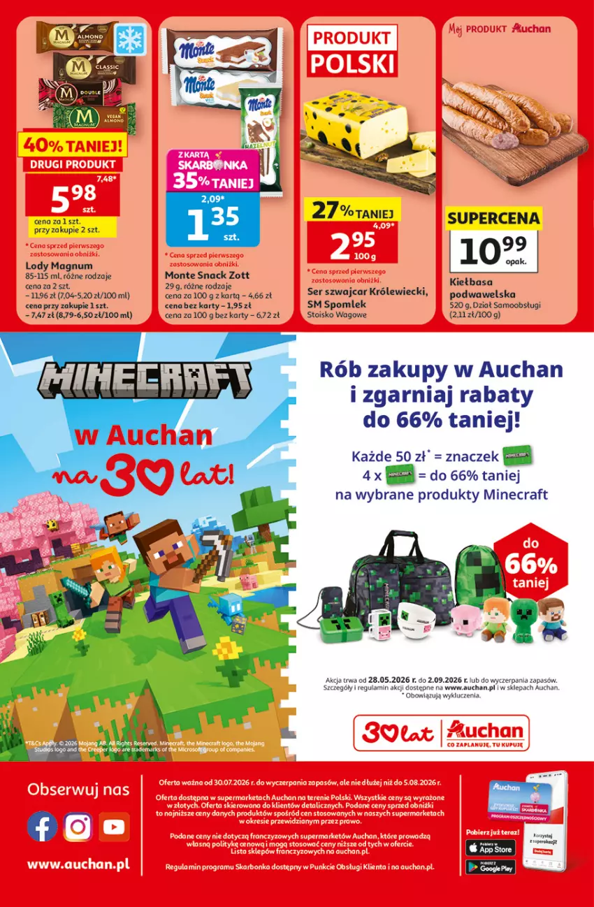Gazetka promocyjna Auchan - 30 Lat Supermarket - ważna 30.07 do 05.08.2026 - strona 8 - produkty: Kiełbasa, Lody, Minecraft, Monte, Ser, Wawel, Zott