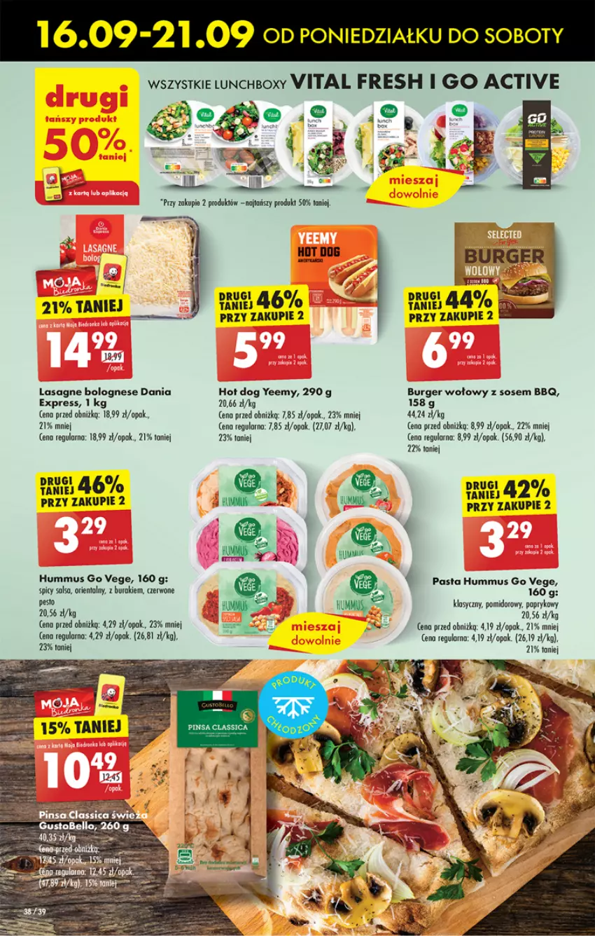 Gazetka promocyjna Biedronka - Od Poniedziałku - ważna 16.09 do 21.09.2024 - strona 48 - produkty: Burger, Hot dog, Hummus, Lasagne, Lasagne bolognese, Mus, Sos