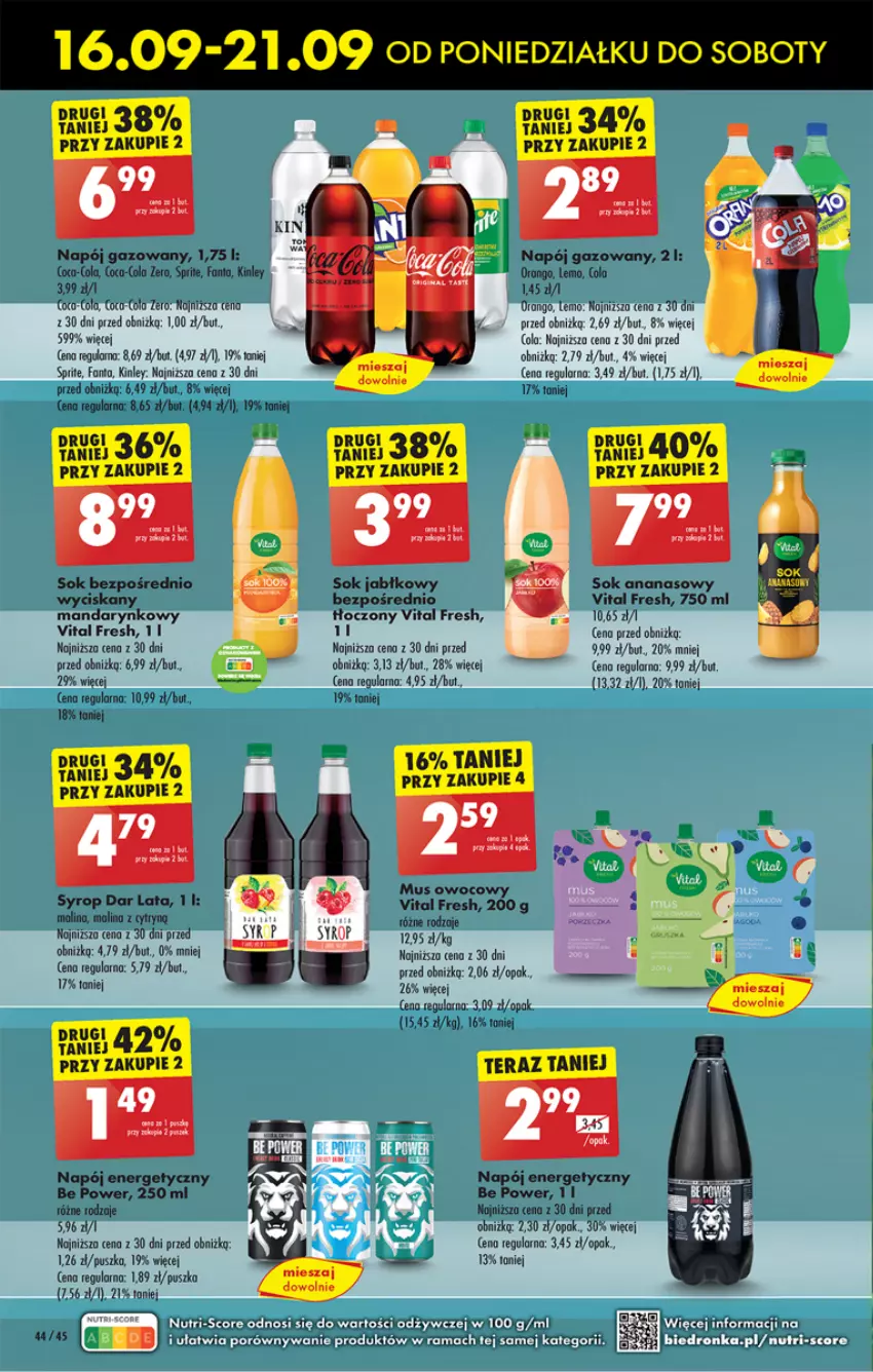 Gazetka promocyjna Biedronka - Od Poniedziałku - ważna 16.09 do 21.09.2024 - strona 58 - produkty: Ananas, Coca-Cola, Fa, Fanta, Mus, Napój, Napój energetyczny, Napój gazowany, Por, Sok, Sok jabłkowy, Sprite, Syrop, Tera