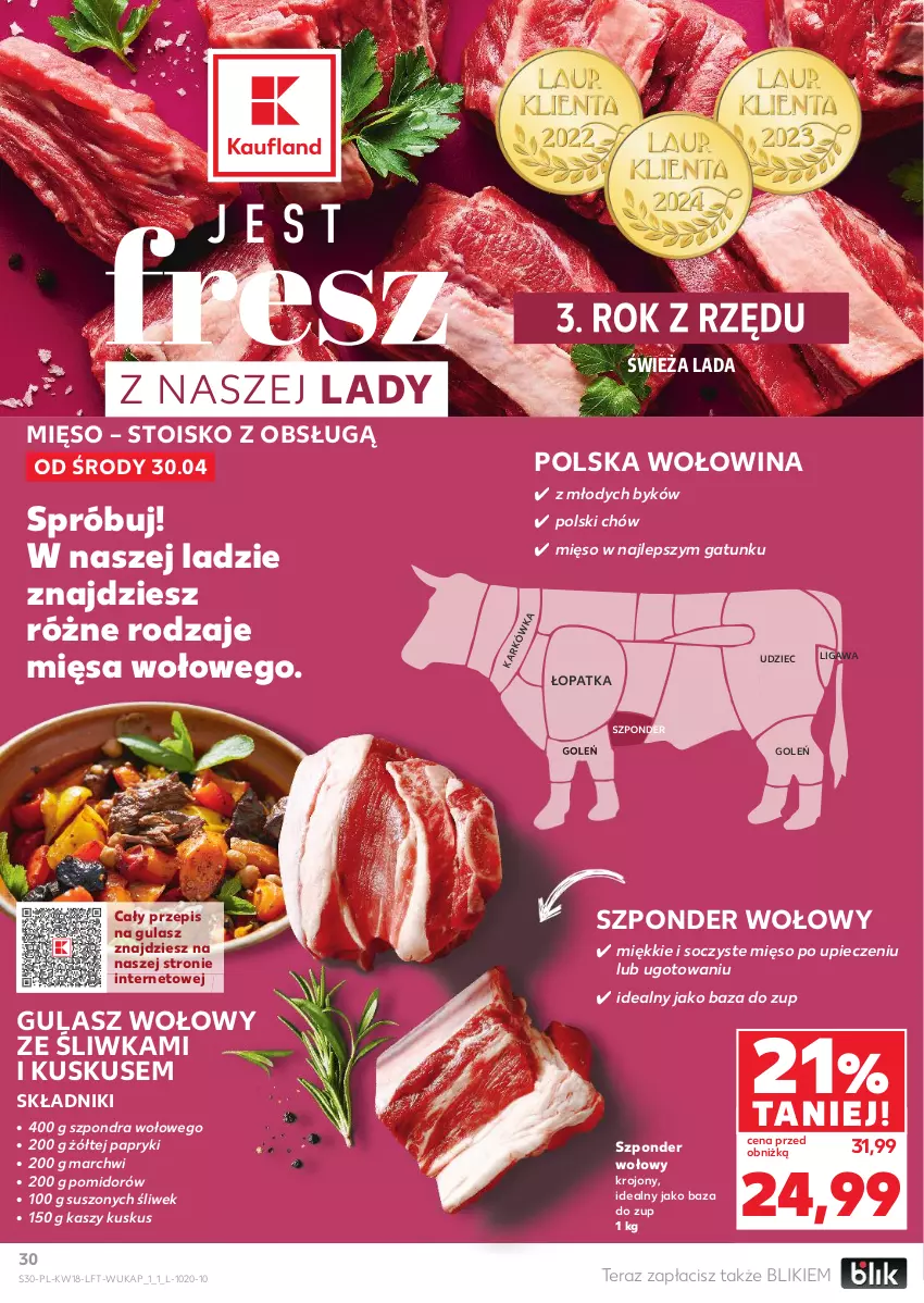 Gazetka promocyjna Kaufland - Gazetka tygodnia - ważna 30.04 do 07.05.2025 - strona 30 - produkty: Gulasz wołowy, Kuskus, Mięso, Piec, Szponder wołowy, Tera, Wołowina