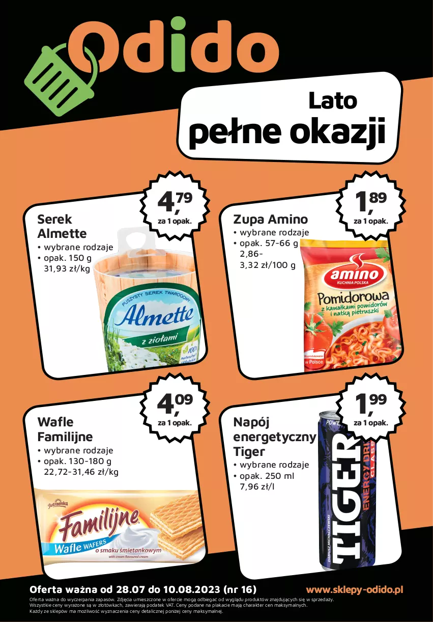 Gazetka promocyjna Odido - Plakat - ważna 28.07 do 10.08.2023 - strona 1 - produkty: Almette, Fa, Napój, Napój energetyczny, Ser, Serek, Tiger, Wafle, Zupa