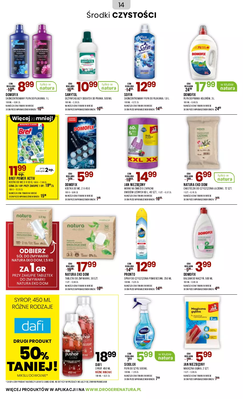 Gazetka promocyjna Drogerie Natura - Gazetka Drogerie Natura - ważna 03.09 do 19.09.2025 - strona 14 - produkty: Bref, Chusteczki, Chusteczki do czyszczenia, Jan Niezbędny, Kostka do wc, Płyn do płukania, Płyn do prania, Płyn do szyb, Pronto, Sanytol, Sidolux, Sól, Spray do czyszczenia, Syrop, Tablet, Tabletki do zmywarki, Zmywarki