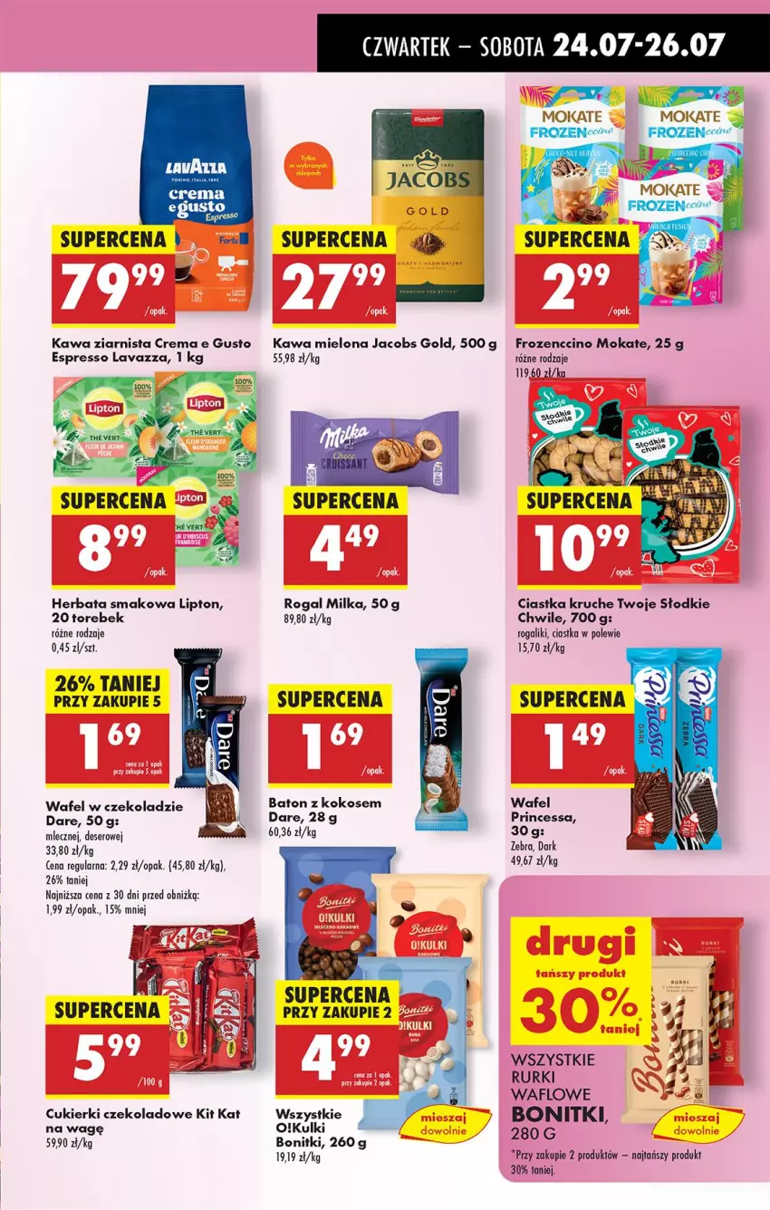 Gazetka promocyjna Biedronka - Od Czwartku - ważna 24.07 do 30.07.2025 - strona 47 - produkty: Baton, Bonitki, Ciastka, Cukier, Cukierki, Cukierki czekoladowe, Deser, Frozen, Herbata, Jacobs, Kawa, Kawa mielona, Kawa ziarnista, Kit Kat, Kokos, Lavazza, Lipton, Milka, Princessa, Rogal, Rurki, Ser