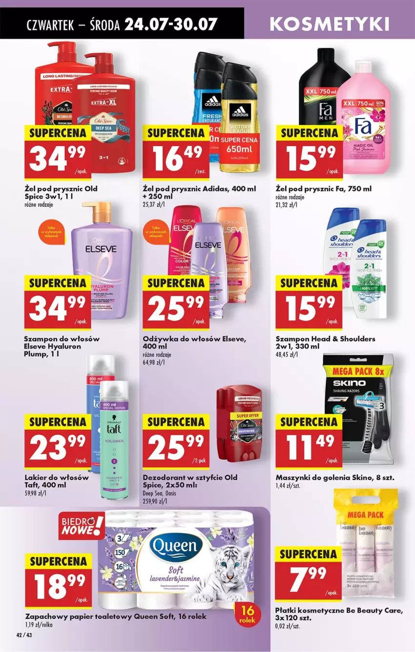 Gazetka promocyjna Biedronka - Od Czwartku - ważna 24.07 do 30.07.2025 - strona 60 - produkty: Adidas, Be Be, Dezodorant, Elseve, Fa, Lakier, Lakier do włosów, Odżywka, Old Spice, Papier, Płatki kosmetyczne, Szampon, Taft