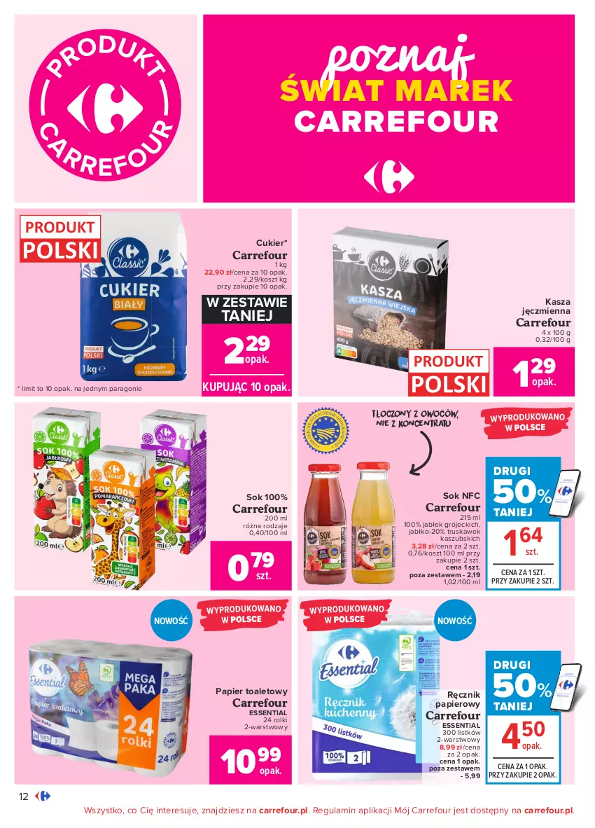 Gazetka promocyjna Carrefour - Gazetka Carrefour - ważna 14.06 do 27.06.2021 - strona 12 - produkty: Cukier, Kasza, Kasza jęczmienna, Kosz, Papier, Papier toaletowy, Ręcznik, Rolki, Sok