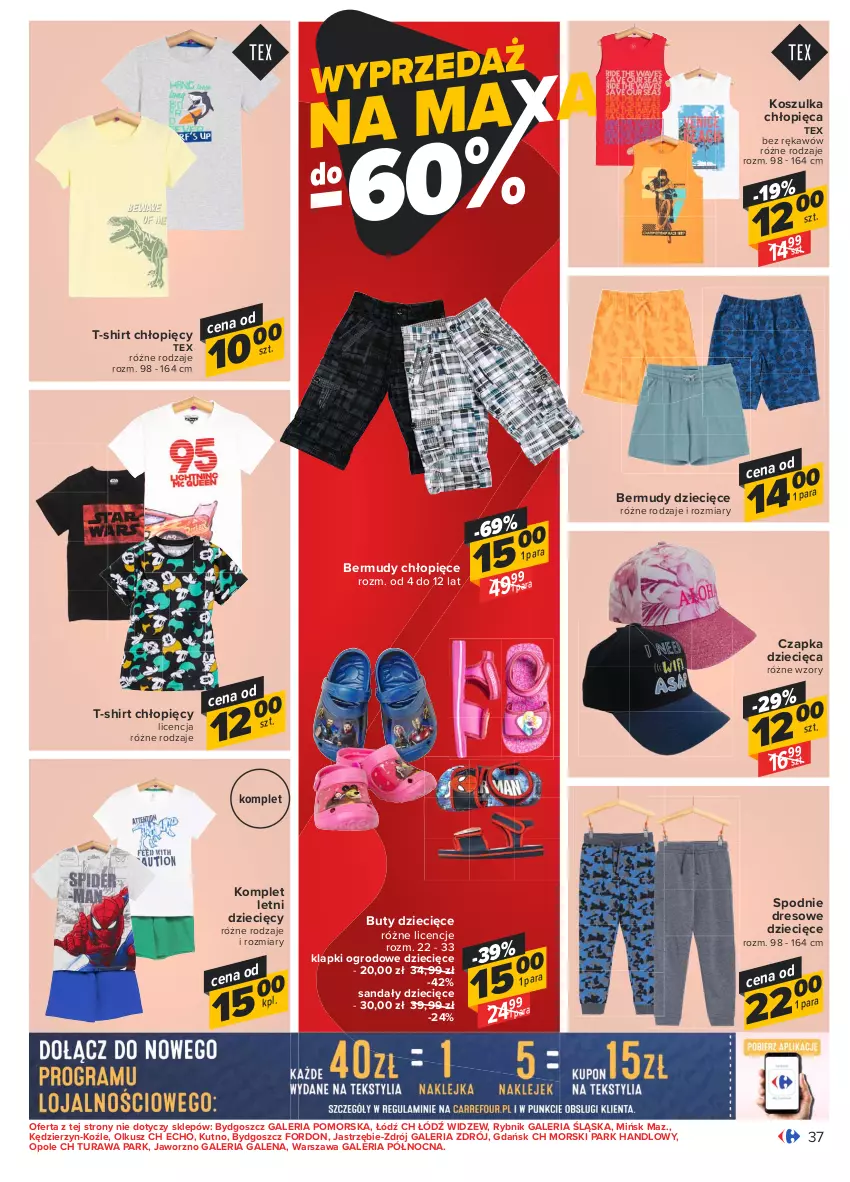 Gazetka promocyjna Carrefour - Gazetka Carrefour - ważna 14.06 do 27.06.2021 - strona 37 - produkty: Bermudy, Buty, Czapka, Dres, Dzieci, Klapki, Kosz, Koszulka, Sandał, Spodnie, Spodnie dresowe, T-shirt