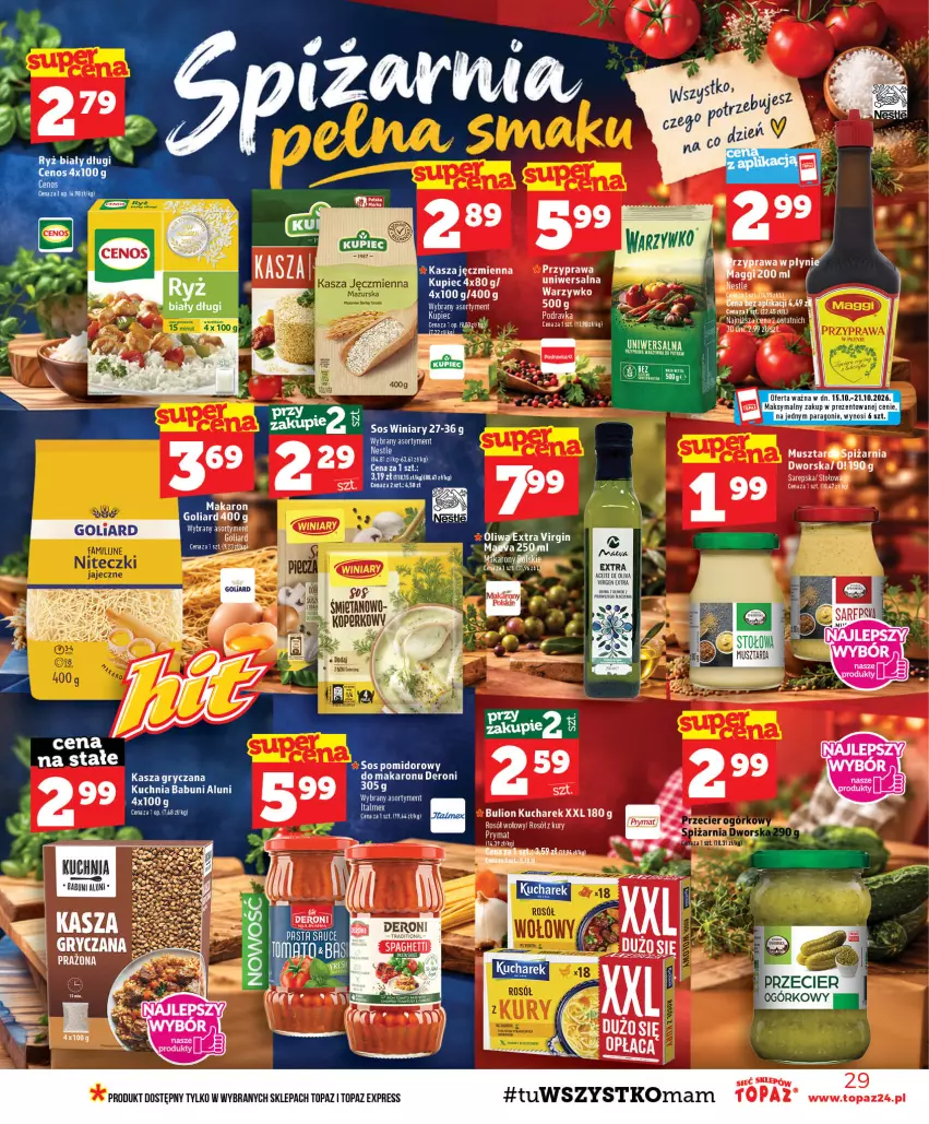 Gazetka promocyjna Topaz - Gazetka - ważna 15.10 do 21.10.2026 - strona 29 - produkty: Bulion, Eleo, Gin, Goliard, Gry, Kasza, Kucharek, Kuchnia, Kupiec, Leon, Lion, Makaron, Mus, Musztarda, Piec, Rosół, Rosół wołowy, Sos, Top, Winiary