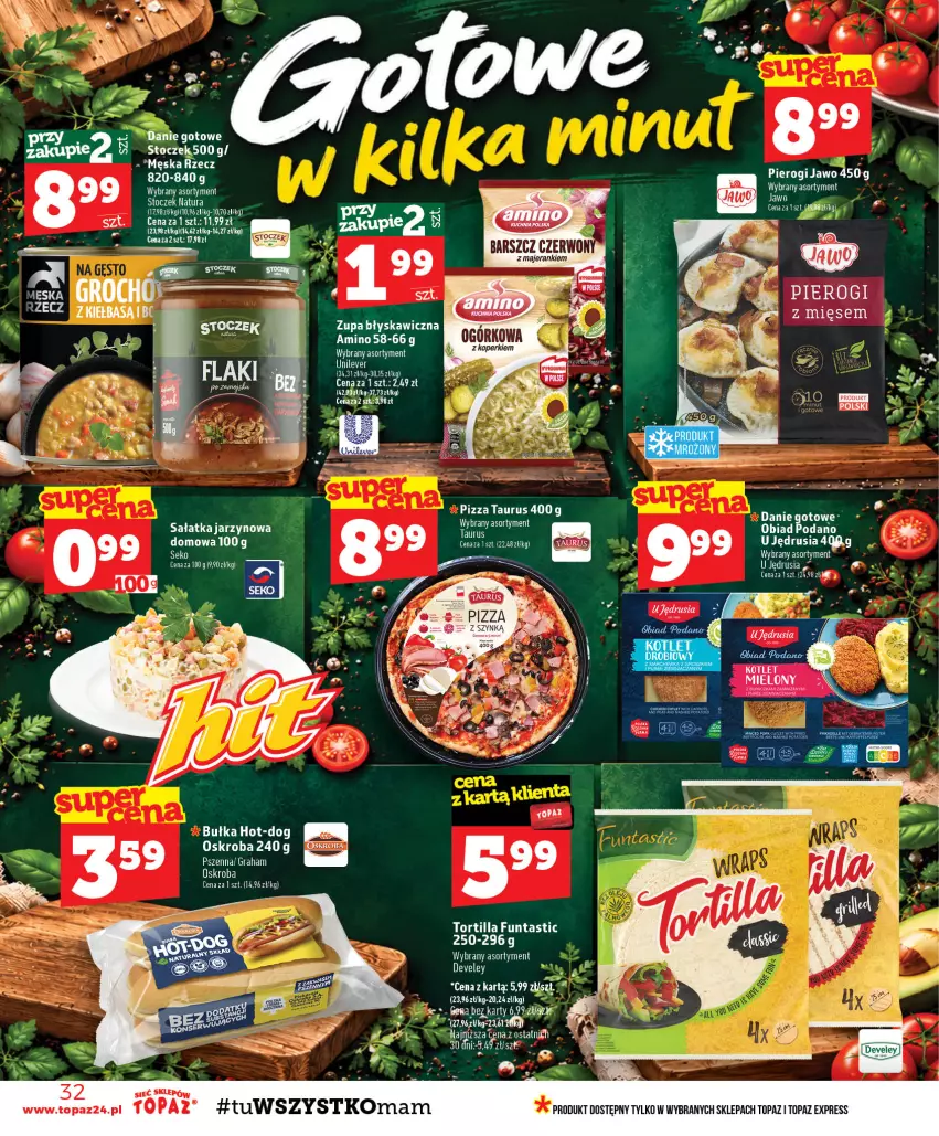 Gazetka promocyjna Topaz - Gazetka - ważna 15.10 do 21.10.2026 - strona 32 - produkty: Bułka, Danie gotowe, Pierogi, Pizza, Por, Sałat, Sałatka, SEKO, Top, Tortilla