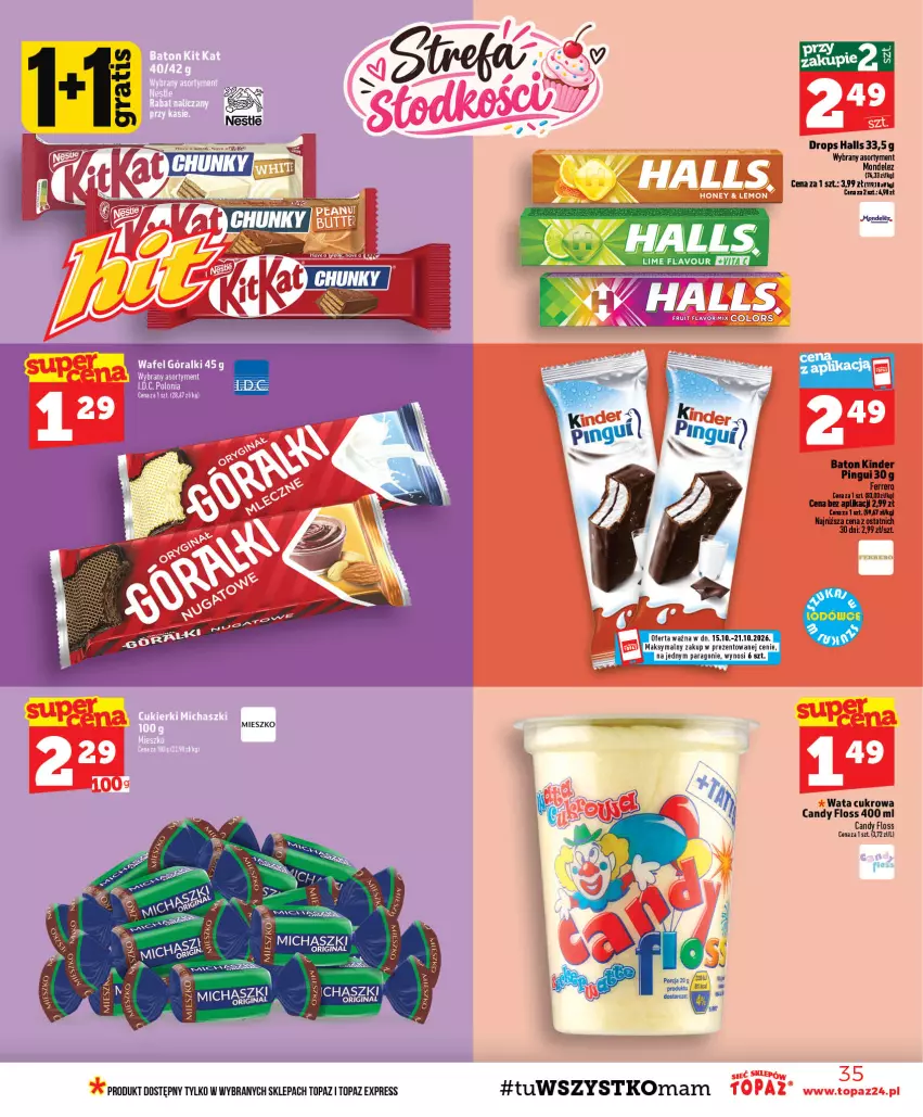 Gazetka promocyjna Topaz - Gazetka - ważna 15.10 do 21.10.2026 - strona 35 - produkty: Baton, Candy, Ferrero, Gin, Halls, Kinder, Top, Wata cukrowa