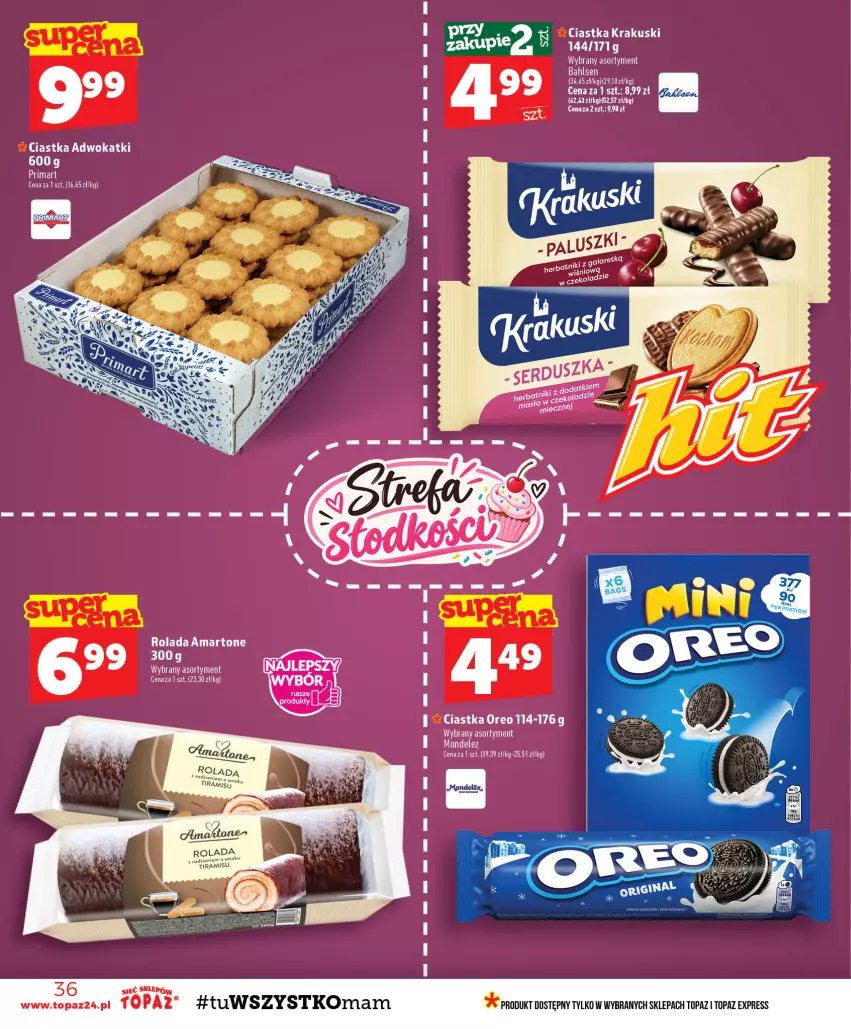 Gazetka promocyjna Topaz - Gazetka - ważna 15.10 do 21.10.2026 - strona 36 - produkty: Ciastka, Krakus, Krakuski, Oreo, Prima, Rolada, Top