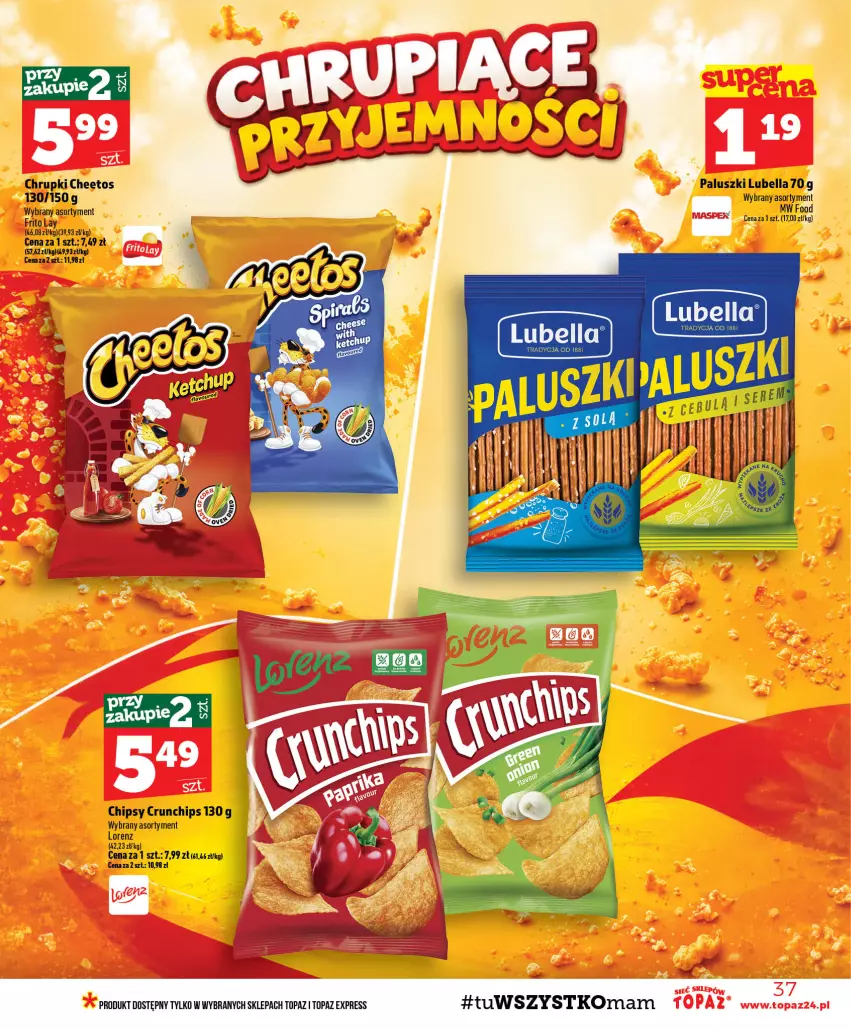 Gazetka promocyjna Topaz - Gazetka - ważna 15.10 do 21.10.2026 - strona 37 - produkty: Bell, Bella, Cheetos, Chipsy, Chrupki, Crunchips, Lorenz, Lubella, Top
