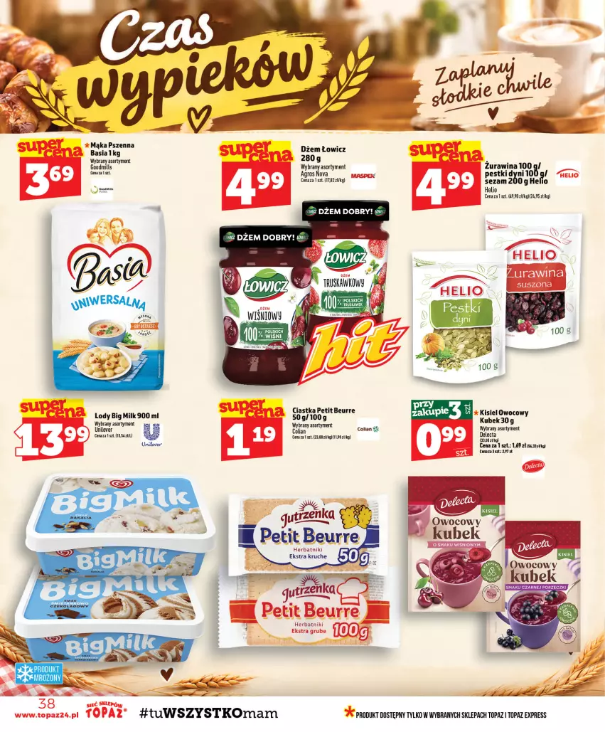 Gazetka promocyjna Topaz - Gazetka - ważna 15.10 do 21.10.2026 - strona 38 - produkty: Basia, Big Milk, Ciastka, Delecta, Duck, Dżem, Helio, Herbatniki, Kisiel, Kubek, Lody, Mąka, Mąka pszenna, Sezam, Top