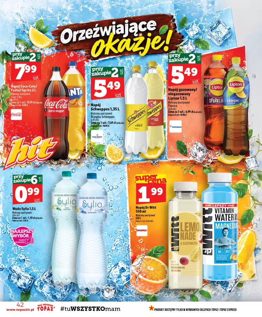 Gazetka promocyjna Topaz - Gazetka - ważna 15.10 do 21.10.2026 - strona 42 - produkty: Coca-Cola, Fa, Fanta, Gin, Napój, Schweppes, Sprite, Top, Woda