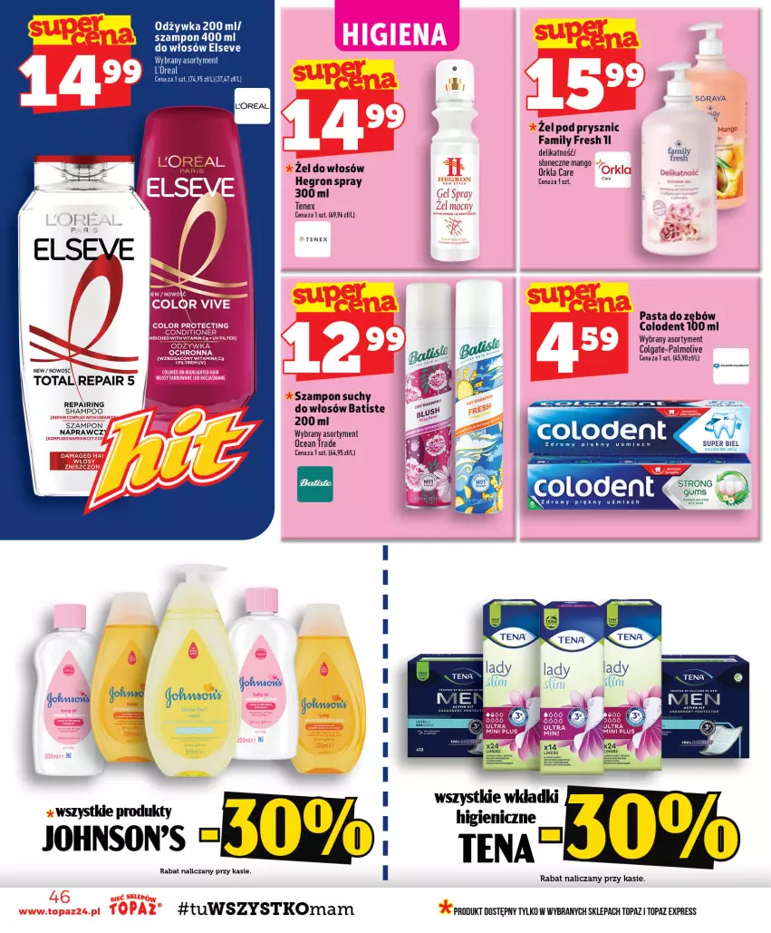 Gazetka promocyjna Topaz - Gazetka - ważna 15.10 do 21.10.2026 - strona 46 - produkty: Batiste, Colgate, Fa, Hegron, LG, Mango, Odżywka, Palmolive, Pasta do zębów, Szampon, Tenex, Top, Wkładki, Zlew