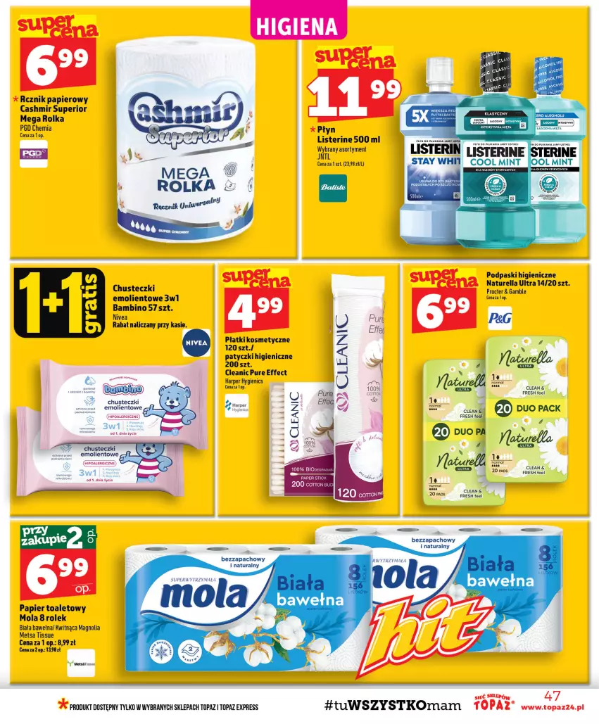 Gazetka promocyjna Topaz - Gazetka - ważna 15.10 do 21.10.2026 - strona 47 - produkty: Chusteczki, Cleanic, Karp, Listerine, Mola, Naturell, Naturella, Olej, Papier, Papier toaletowy, Płatki kosmetyczne, Podpaski, Pur, Top, Wełna