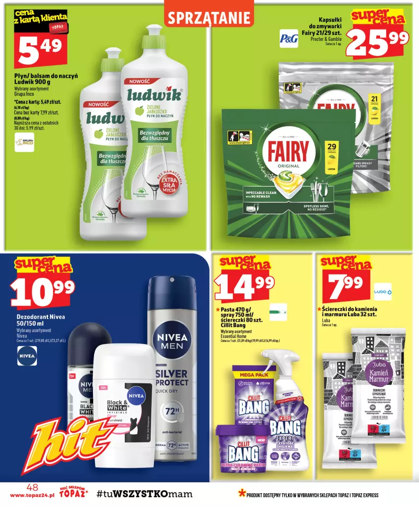Gazetka promocyjna Topaz - Gazetka - ważna 15.10 do 21.10.2026 - strona 48 - produkty: Cillit Bang, Fa, Fairy, Gin, Karmi, Lack, Ludwik, Nivea, Por, Top, Zmywarki