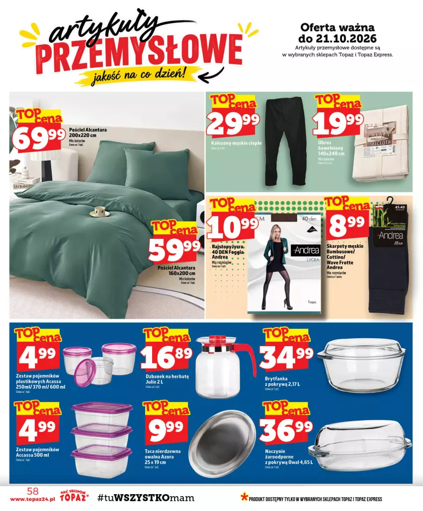Gazetka promocyjna Topaz - Gazetka - ważna 15.10 do 21.10.2026 - strona 58 - produkty: Brytfanka, Dzbanek, Fa, Karp, Pojemnik, Pościel, Rajstopy, Taca, Top