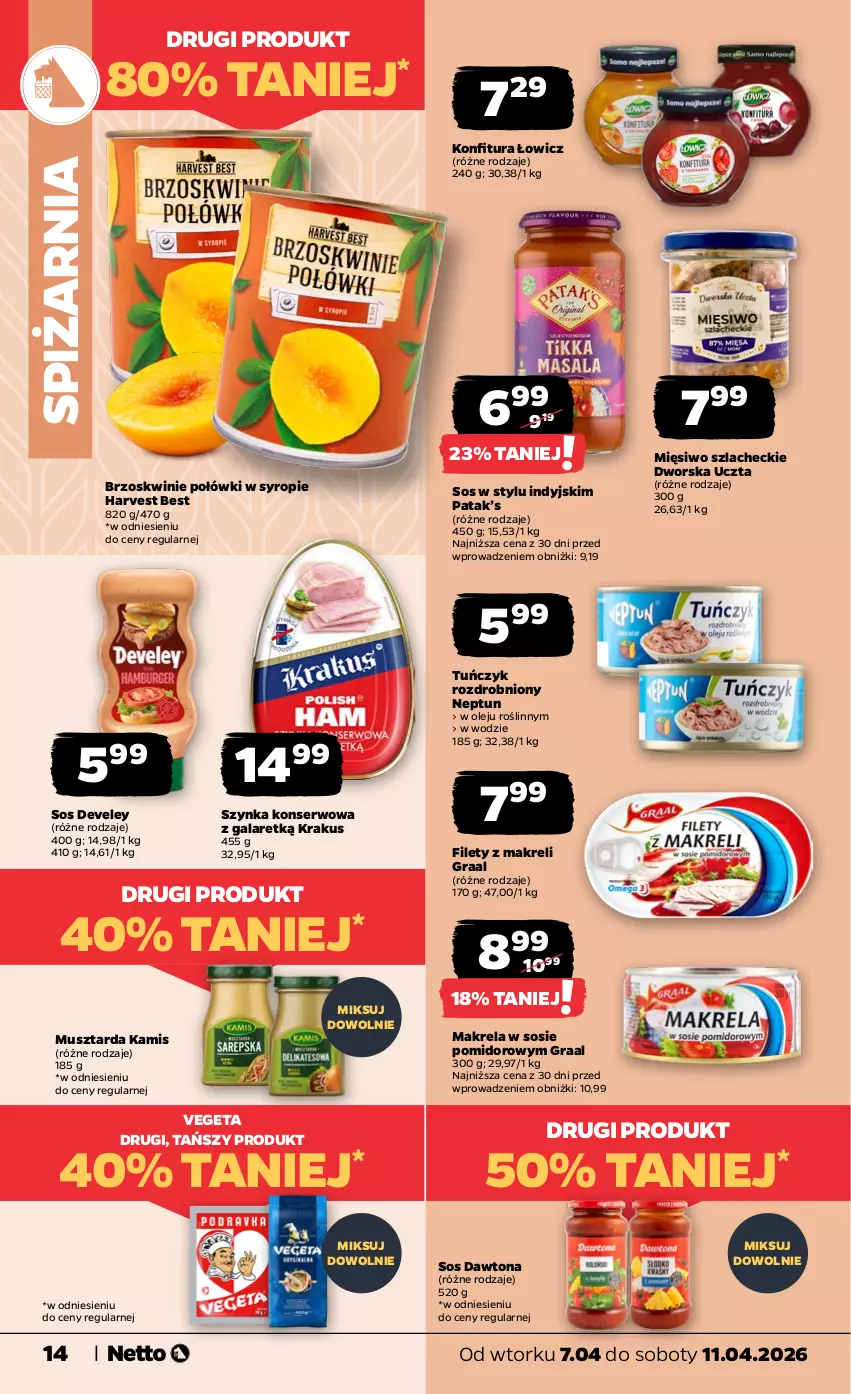 Gazetka promocyjna Netto - Od Wtorku - ważna 07.04 do 11.04.2026 - strona 14 - produkty: Brzoskwinie, Dawtona, Gala, Gra, Graal, Kamis, Konfitura, Krakus, Mus, Musztarda, Olej, Ser, Sos, Syrop, Szynka, Szynka konserwowa, Tuńczyk, Vegeta