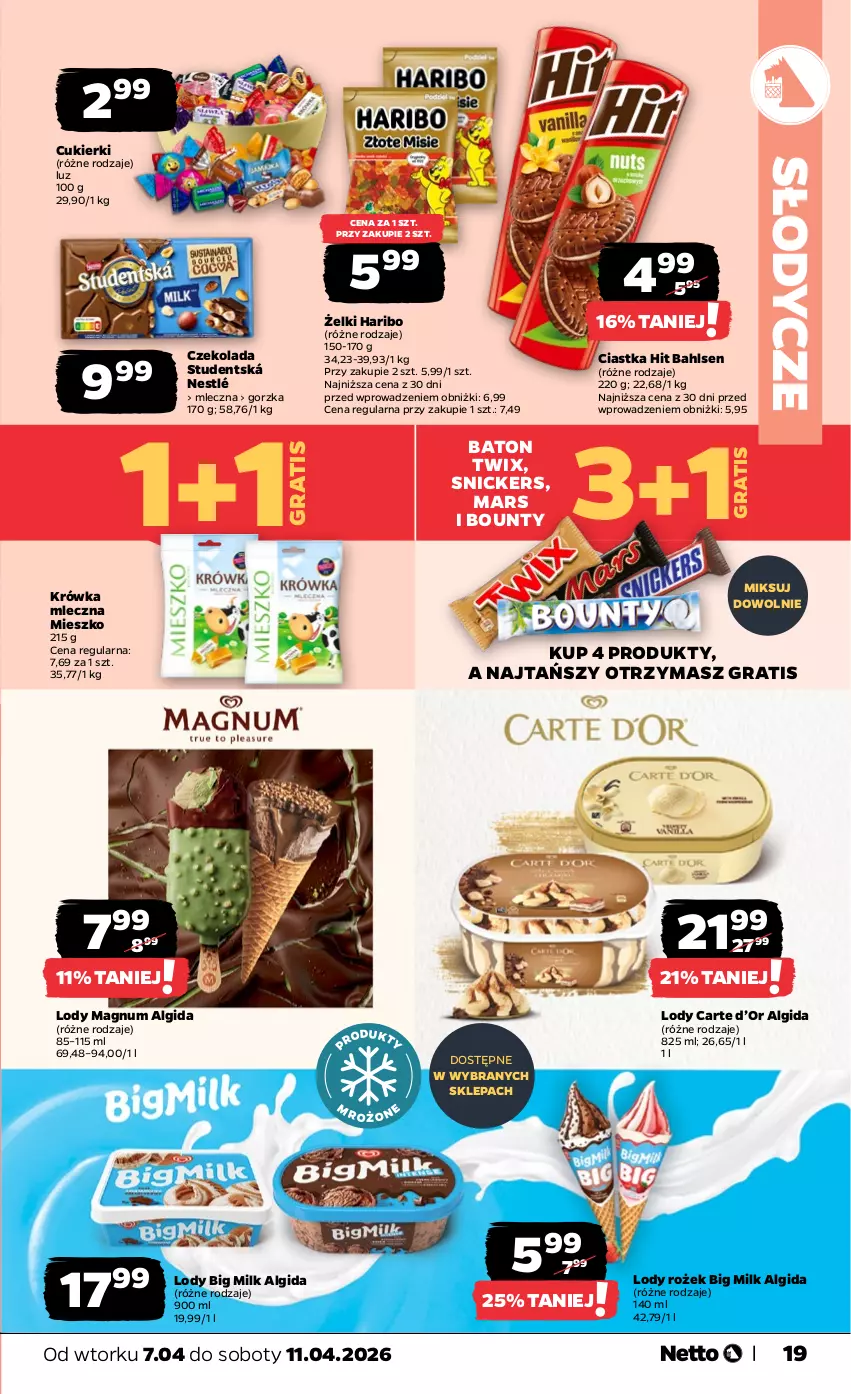 Gazetka promocyjna Netto - Od Wtorku - ważna 07.04 do 11.04.2026 - strona 19 - produkty: Algida, Baton, Big Milk, Bounty, Ciastka, Cukier, Cukierki, Czekolada, Gra, Haribo, LG, Lody, Mars, Nestlé, Snickers, Twix