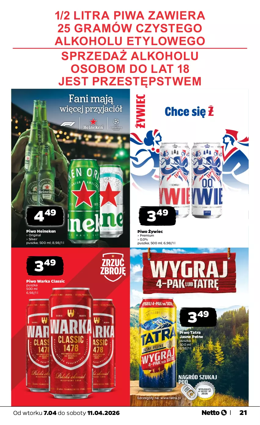 Gazetka promocyjna Netto - Od Wtorku - ważna 07.04 do 11.04.2026 - strona 21 - produkty: Gin, Gra, Heineken, Piwa, Piwo, Tatra, Warka
