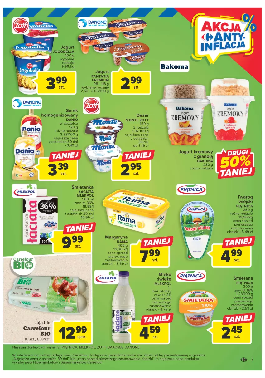 Gazetka promocyjna Carrefour - Gazetka Targ świeżości - ważna 02.05 do 06.05.2023 - strona 7 - produkty: Bakoma, Bell, Bella, Danio, Danone, Deser, Fa, Fanta, Gra, Jaja, Jogobella, Jogurt, Mleko, Monte, Piątnica, Rama, Ser, Serek, Twaróg, Zott