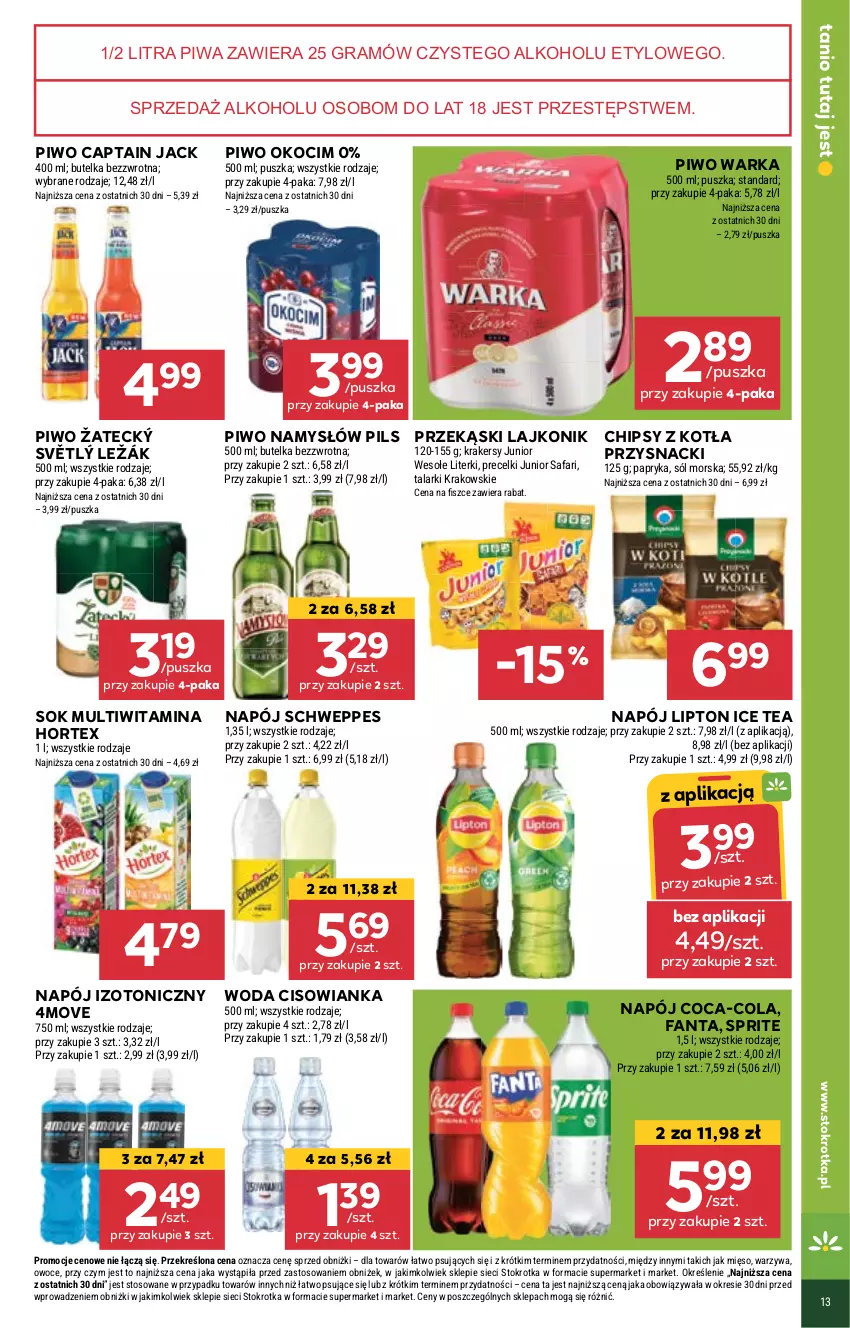 Gazetka promocyjna Stokrotka - Market - ważna 10.10 do 16.10.2024 - strona 13 - produkty: Captain Jack, Chipsy, Cisowianka, Coca-Cola, Fa, Fanta, Gra, Hortex, Ice tea, Koc, Krakersy, Lajkonik, Lipton, Mięso, Namysłów, Napój, Napój izotoniczny, Okocim, Owoce, Papryka, Piwa, Piwo, Precelki, Przysnacki, Schweppes, Sok, Sól, Sprite, Warka, Warzywa, Woda