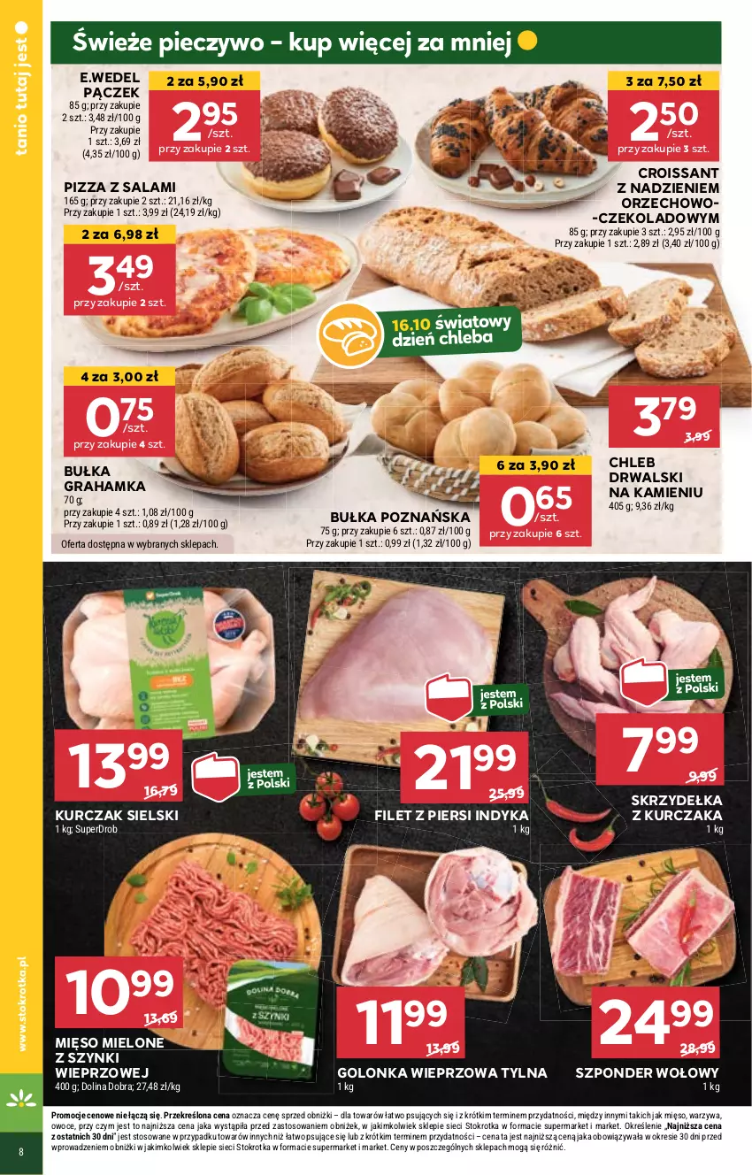 Gazetka promocyjna Stokrotka - Market - ważna 10.10 do 16.10.2024 - strona 8 - produkty: Bułka, Bułka grahamka, Chleb, Croissant, Filet z piersi indyka, Golonka wieprzowa, Gra, Kurczak, Mięso, Mięso mielone, Mięso mielone z szynki, Owoce, Pączek, Piec, Pieczywo, Pizza, Salami, Skrzydełka z kurczaka, Szponder wołowy, Warzywa