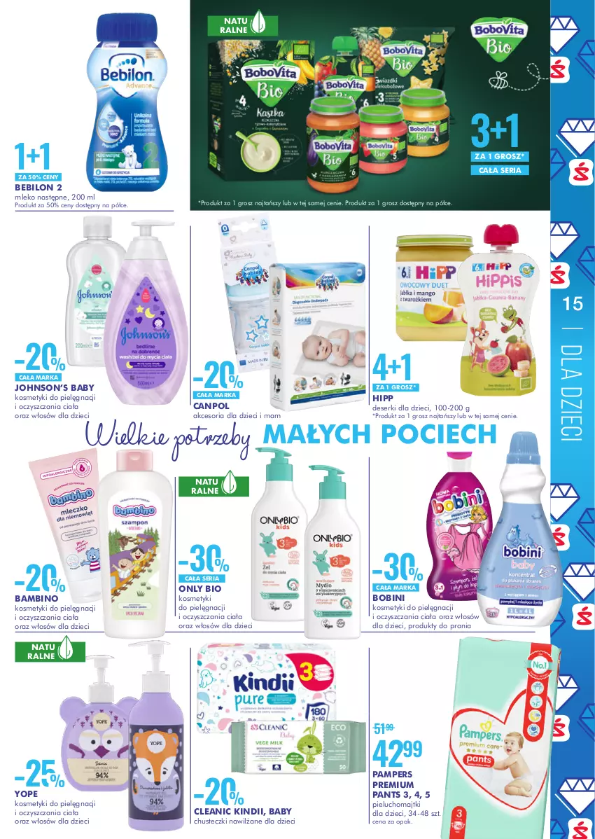 Gazetka promocyjna Super Pharm - Gazetka - ważna 06.04 do 19.04.2021 - strona 15 - produkty: Canpol, Chusteczki, Cleanic, Deser, Dzieci, HiPP, Kindii, Kosmetyki do pielęgnacji, Majtki, Mleko, O nas, Pampers, Pieluchomajtki, Ser, Yope