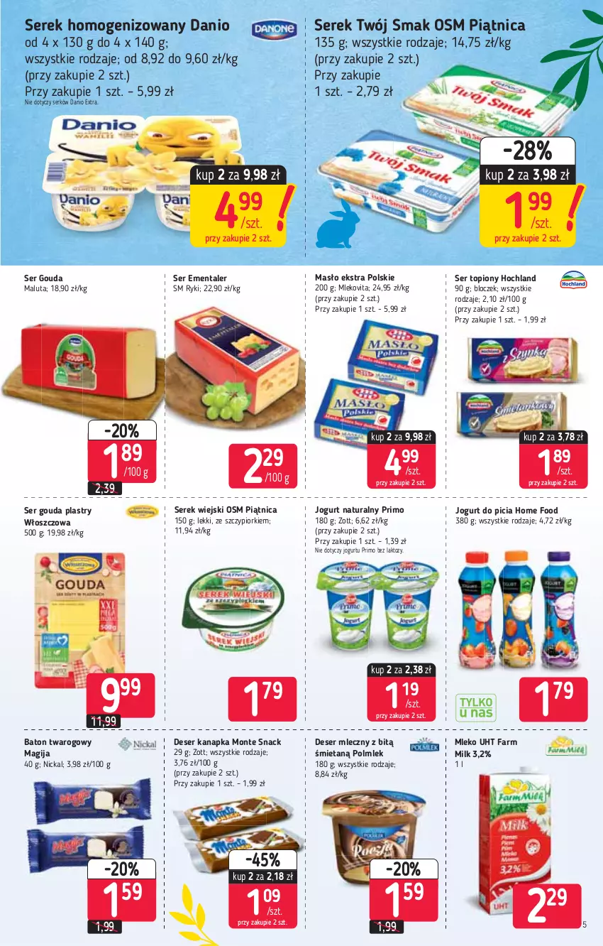 Gazetka promocyjna Stokrotka - Market - ważna 18.03 do 24.03.2021 - strona 5 - produkty: Baton, Danio, Deser, Deser mleczny, Ementaler, Fa, Farm Milk, Gouda, Gouda plastry, Hochland, Jogurt, Jogurt naturalny, Magija, Masło, Mleko, Mlekovita, Monte, Piątnica, POLMLEK, Ser, Ser topiony, Serek, Serek homogenizowany, Serek wiejski, Top, Twój Smak, Zott