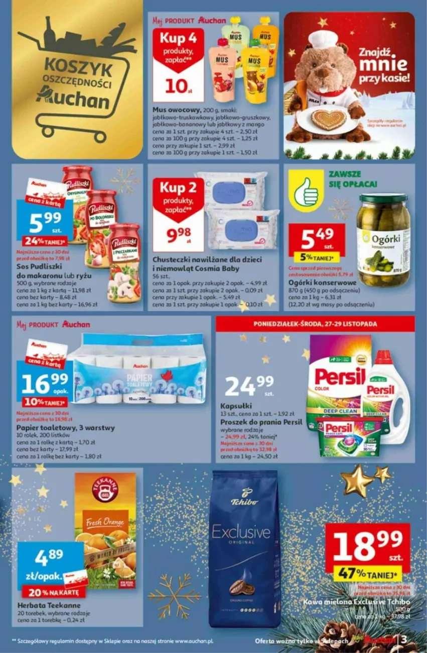 Gazetka promocyjna Auchan - ważna 23.11 do 29.11.2023 - strona 3 - produkty: Chusteczki, Dzieci, Gin, Herbata, Makaron, Mango, Mus, Ogórki konserwowe, Papier, Papier toaletowy, Persil, Proszek do prania, Pudliszki, Ryż, Ser, Sos, Teekanne