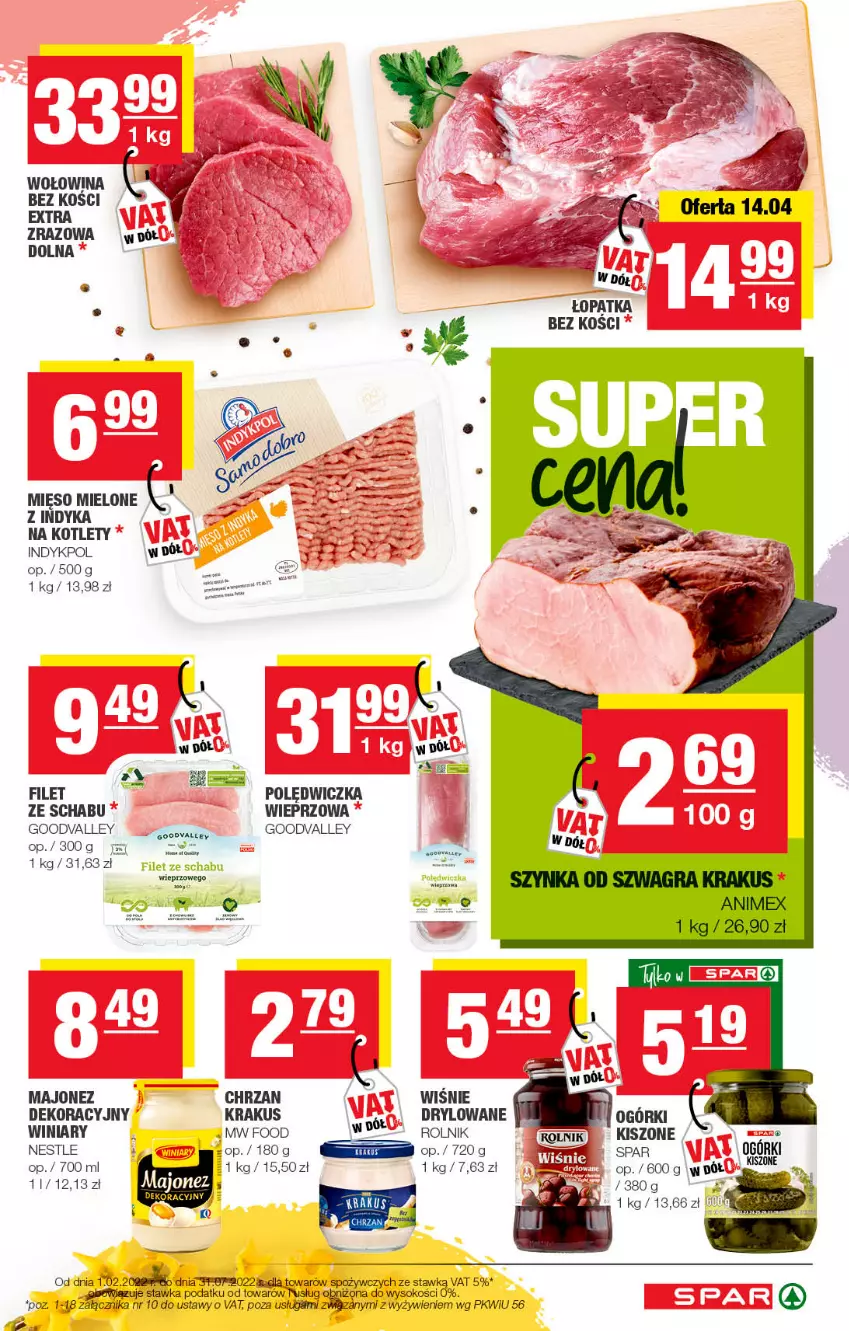 Gazetka promocyjna Spar - Spar - ważna 11.04 do 21.04.2022 - strona 3 - produkty: Chrzan, Kotlet, Krakus, Majonez, Mięso, Mięso mielone, Rolnik, Sok, Wagi, Winiary, Wołowina