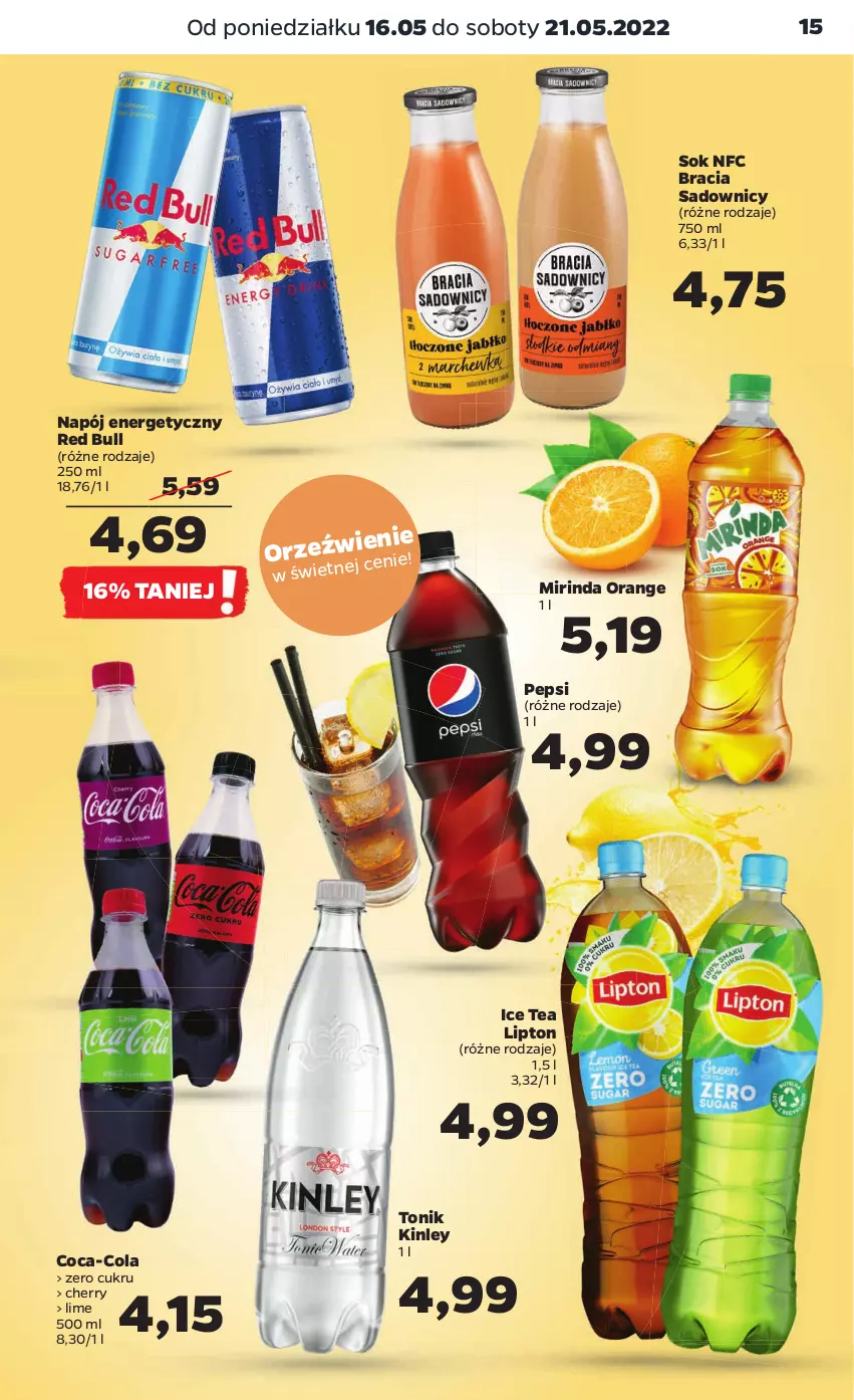 Gazetka promocyjna Netto - Gazetka spożywcza - ważna 16.05 do 21.05.2022 - strona 15 - produkty: Coca-Cola, Ice tea, Lipton, Mirinda, Napój, Napój energetyczny, Pepsi, Red Bull, Sok, Tonik