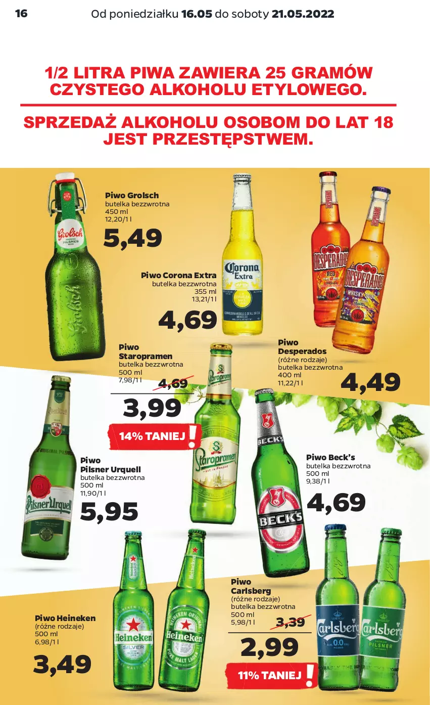 Gazetka promocyjna Netto - Gazetka spożywcza - ważna 16.05 do 21.05.2022 - strona 16 - produkty: Carlsberg, Corona Extra, Desperados, Gra, Heineken, Pilsner Urquell, Piwa, Piwo