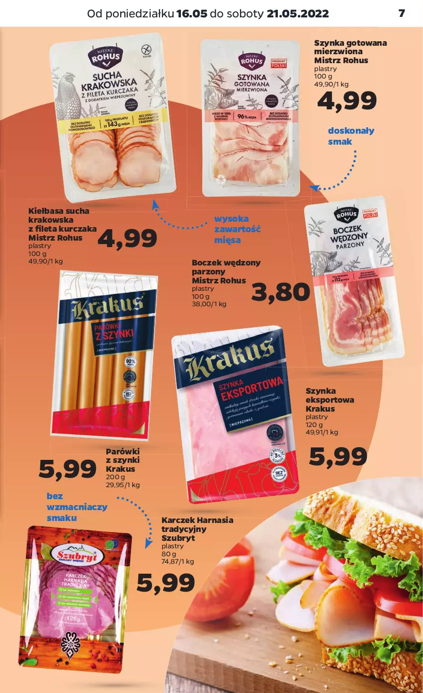 Gazetka promocyjna Netto - Gazetka spożywcza - ważna 16.05 do 21.05.2022 - strona 7 - produkty: Boczek, Kiełbasa, Krakus, Kurczak, Parówki, Parówki z szynki, Por, Sok, Sport, Szubryt, Szynka