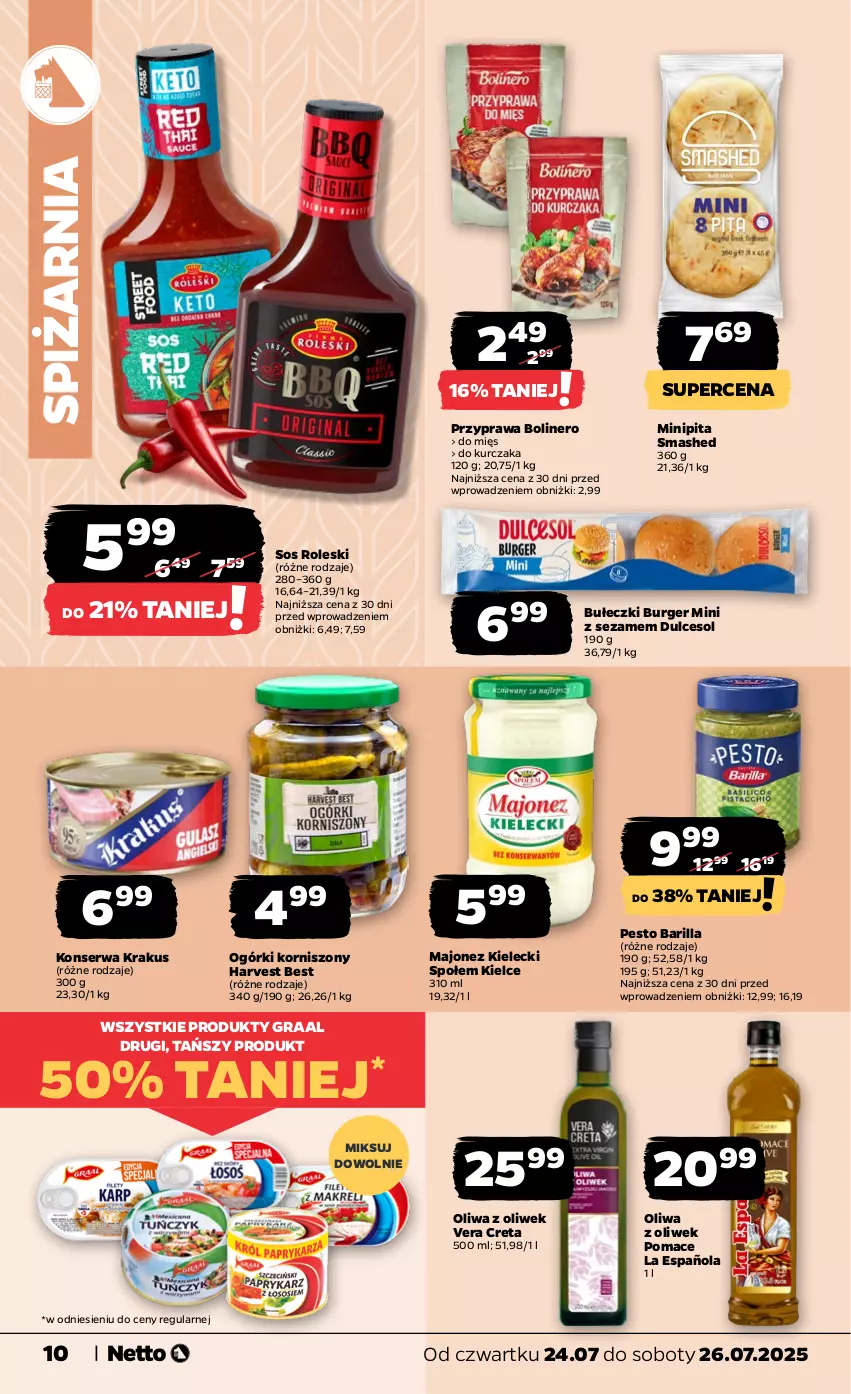 Gazetka promocyjna Netto - Od Czwartku - ważna 24.07 do 26.07.2025 - strona 10 - produkty: Barilla, Bułeczki, Burger, Gra, Graal, Korniszony, Krakus, Kurczak, Majonez, Oliwa, Oliwa z oliwek, Pesto, Ser, Sezam, Sos