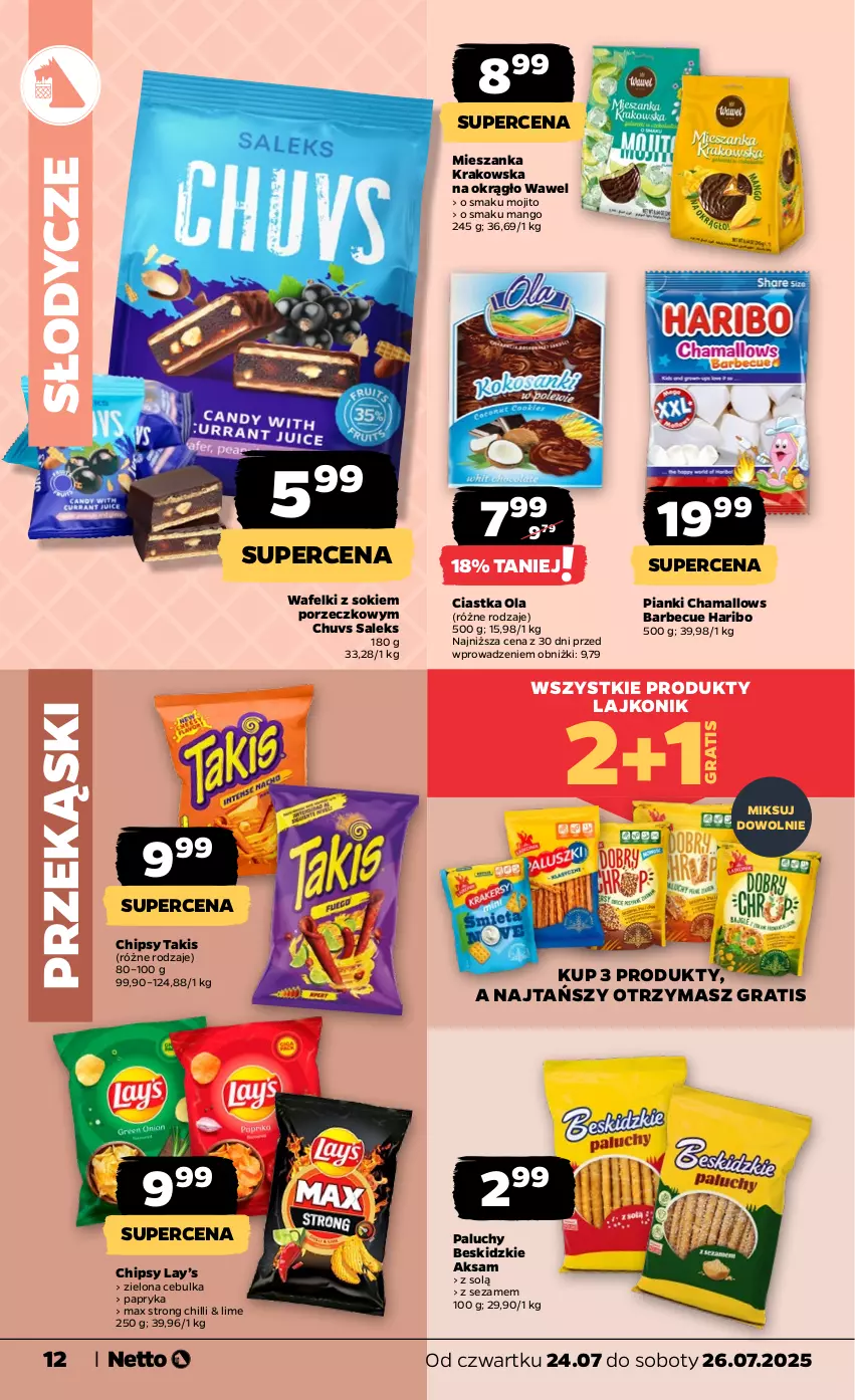 Gazetka promocyjna Netto - Od Czwartku - ważna 24.07 do 26.07.2025 - strona 12 - produkty: Aksam, Beskidzki, Chipsy, Ciastka, Gra, Hama, Haribo, Lajkonik, Lay’s, Mango, Papryka, Por, Sezam, Sok, Wawel
