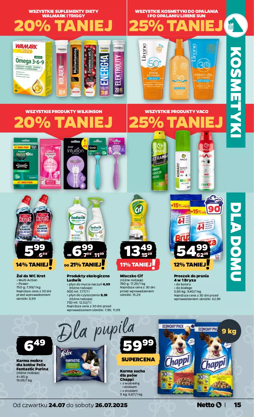 Gazetka promocyjna Netto - Od Czwartku - ważna 24.07 do 26.07.2025 - strona 15 - produkty: Bryza, Chappi, Cif, Do mycia naczyń, Fa, Fanta, Felix, Karma mokra dla kotów, Kret, Lirene, Ludwik, Mleczko, Płyn do mycia, Płyn do mycia naczyń, Proszek do prania, Pur, Purina, Walmark