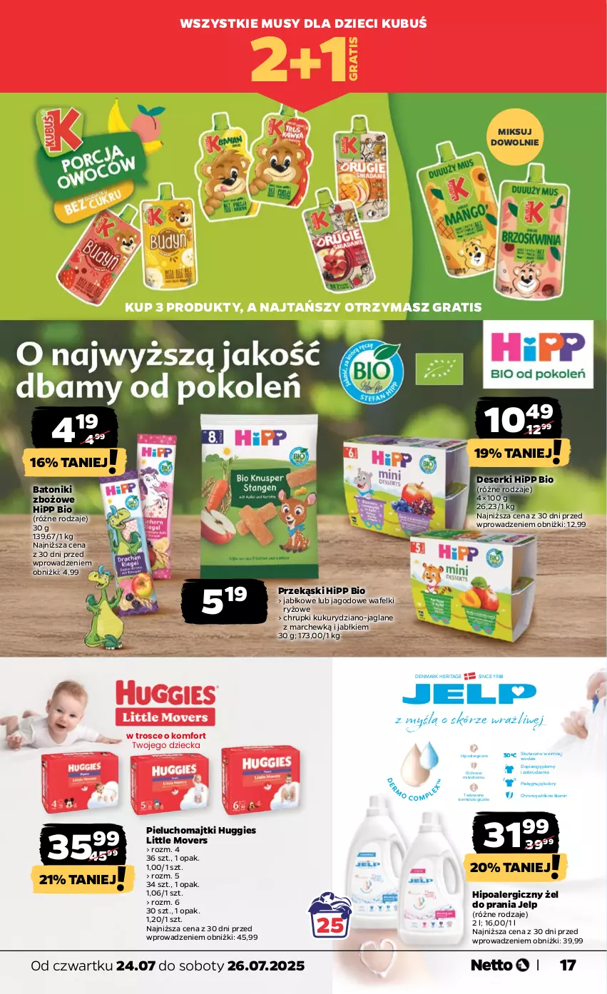 Gazetka promocyjna Netto - Od Czwartku - ważna 24.07 do 26.07.2025 - strona 17 - produkty: Baton, Bio Batonik, Deser, Dzieci, Gra, HiPP, Hipp Bio, Huggies, Kubuś, Majtki, Mus, Pieluchomajtki, Ryż, Ser, Tonik