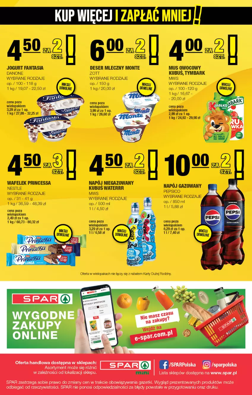 Gazetka promocyjna Spar - Spar-Mini - ważna 03.11 do 13.11.2025 - strona 4 - produkty: Danone, Deser, Deser mleczny, Fa, Fanta, Jogurt, Kubuś, Kubuś Waterrr, Monte, Mus, Napój, Napój niegazowany, Pepsi, Princessa, Ser, Tymbark, Wafelek, Zott