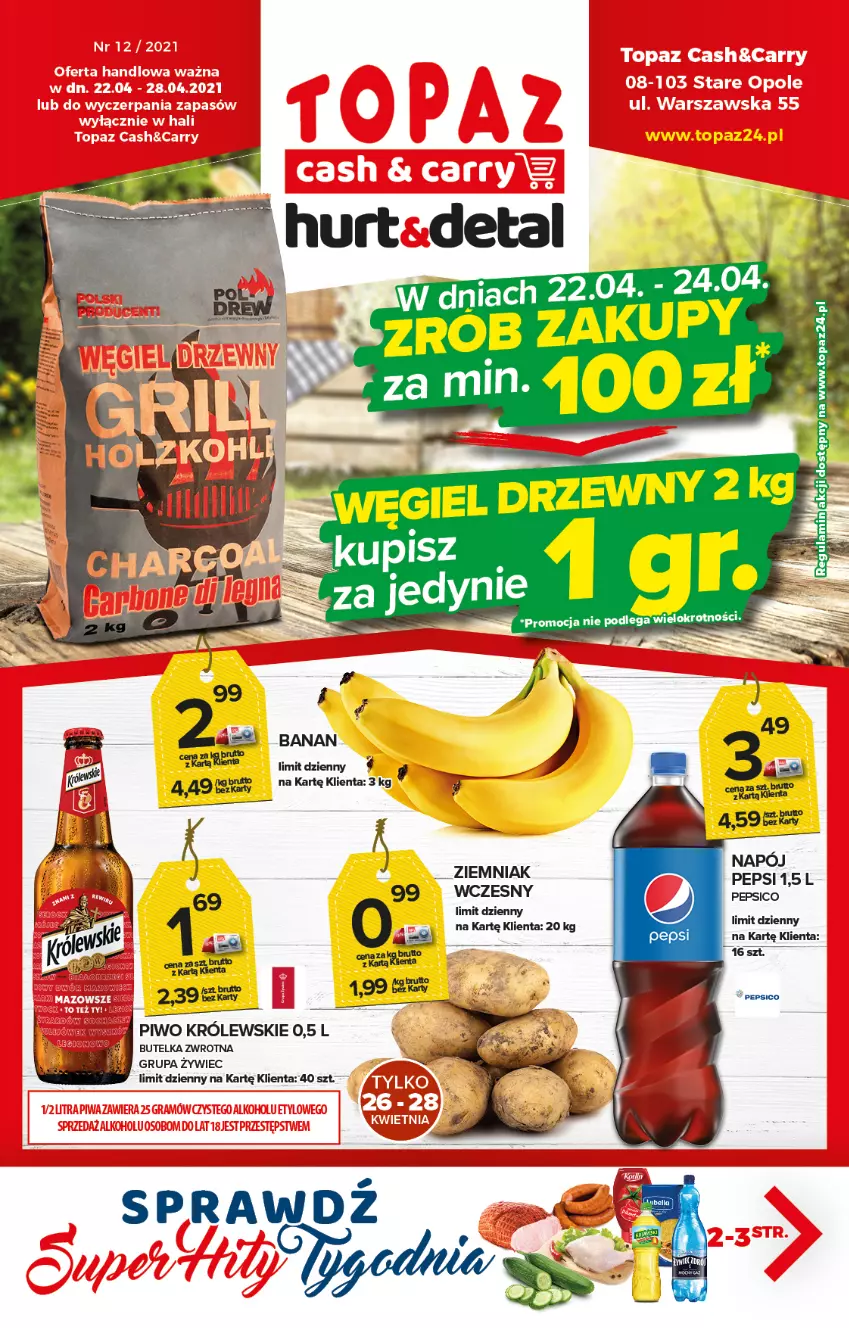 Gazetka promocyjna Topaz - Gazetka - ważna 22.04 do 28.04.2021 - strona 1 - produkty: Królewski, Pepsi, Piwo